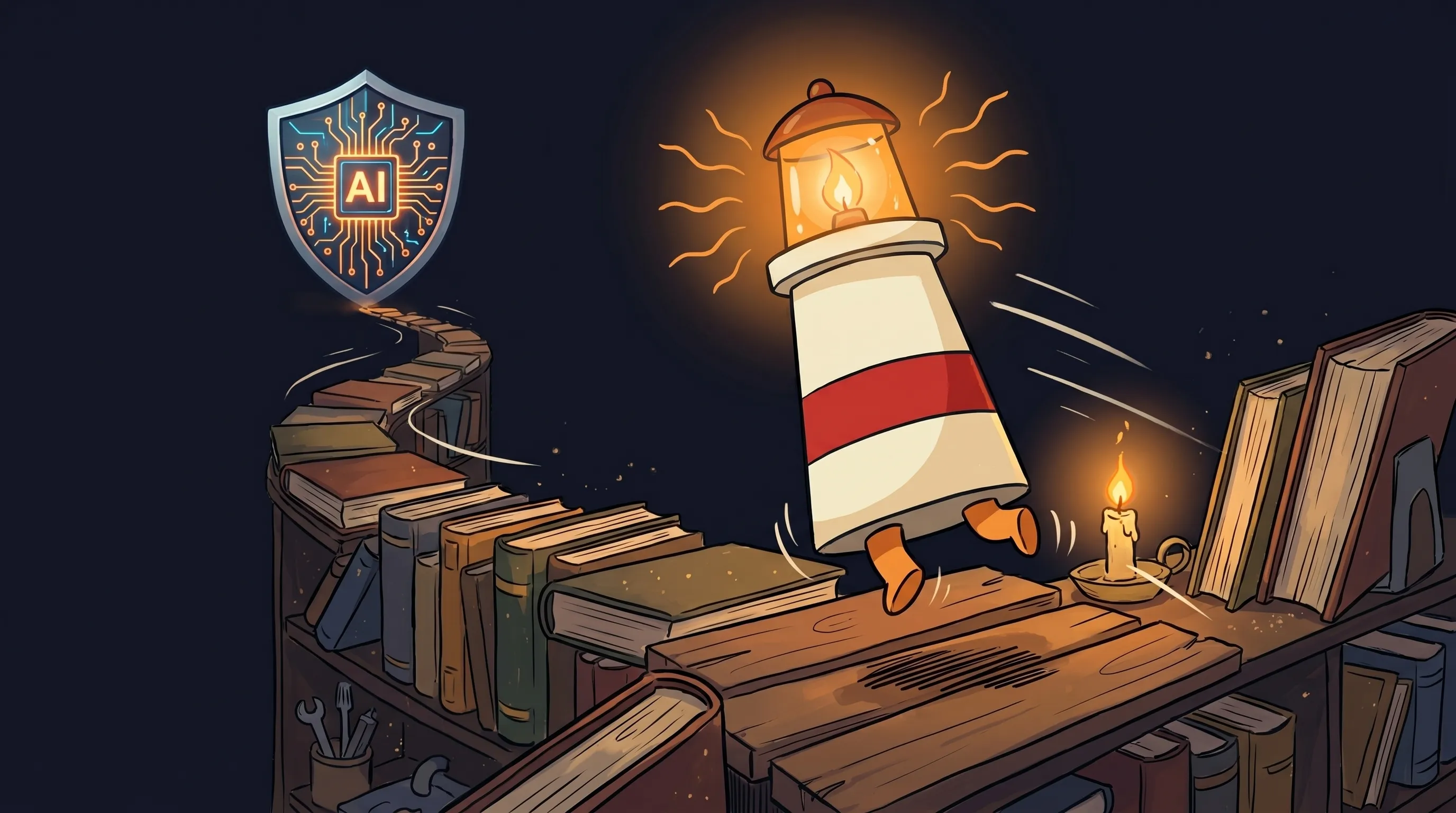 Beacon the lighthouse illuminating a glowing AI agent shield, protecting floating SaaS data icons on dark navy background.