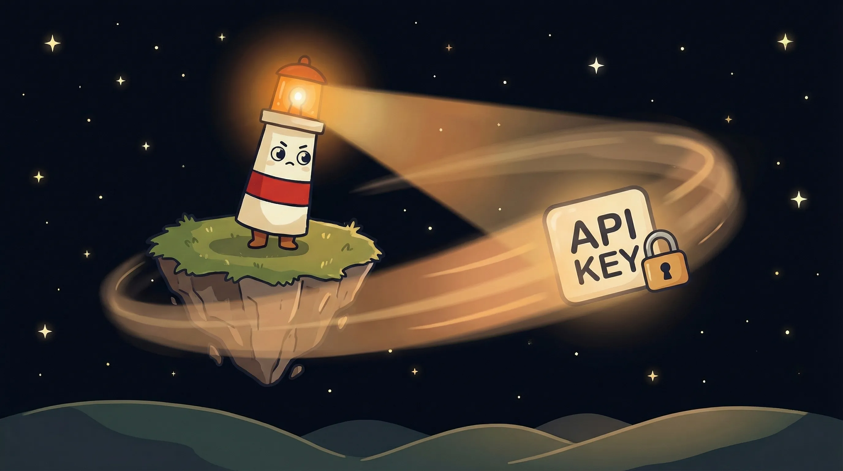 Beacon the lighthouse illuminating a tangled mess of API keys and lock icons, cream body with red stripe, amber glow overh...