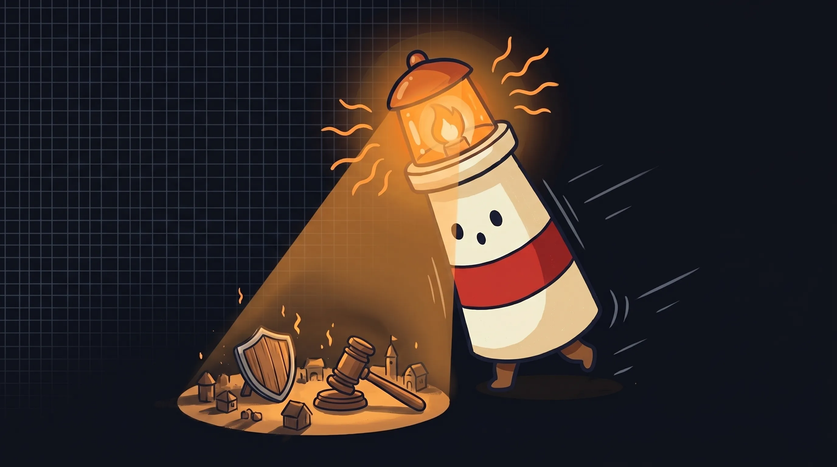 Beacon the lighthouse illuminating a glowing AI governance shield, cream body with red stripe, amber light beaming on dark...