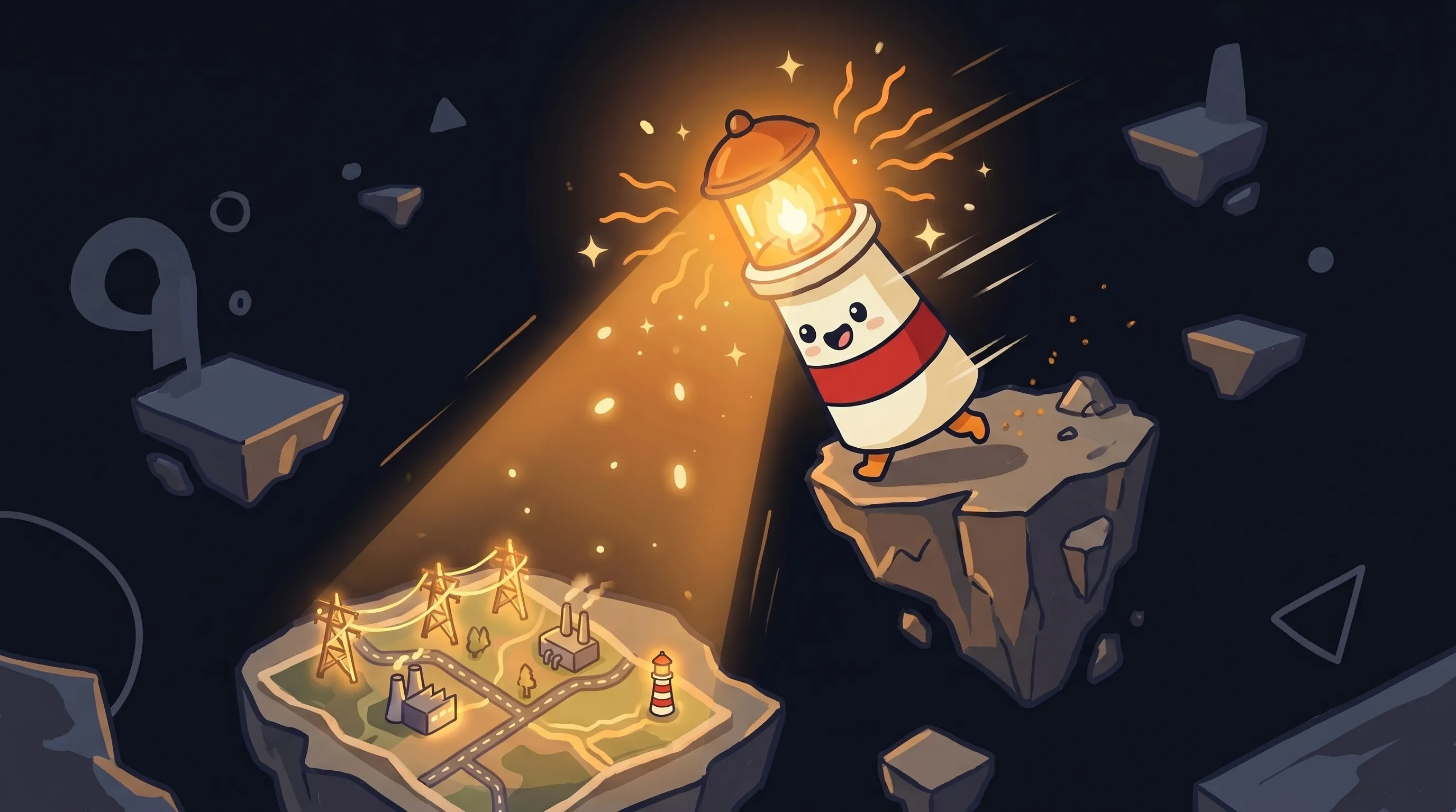 Beacon the lighthouse illuminating a network infrastructure diagram, cream body with red stripe, amber glowing light on da...