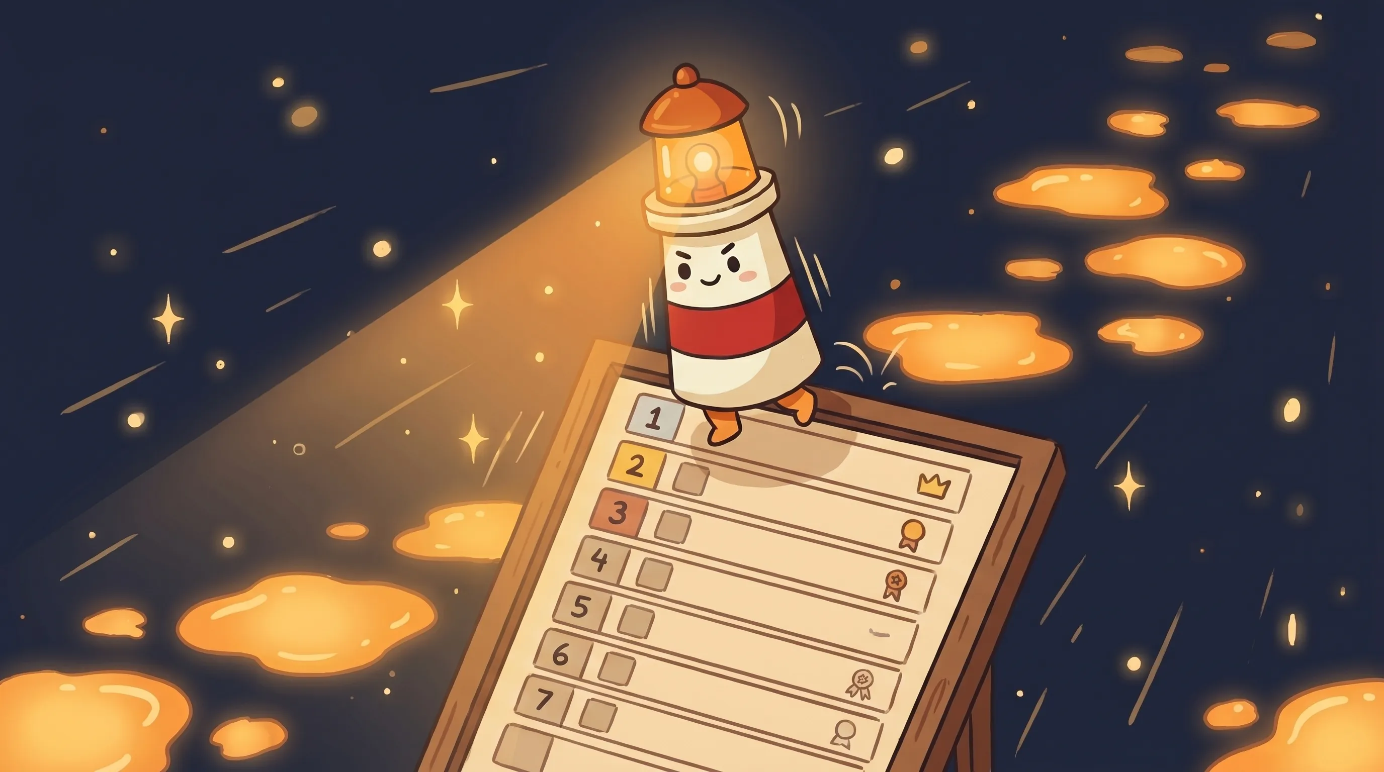 Beacon the lighthouse illuminating a Red Hat logo, glowing amber light on dark navy background, flat 2D illustration style.