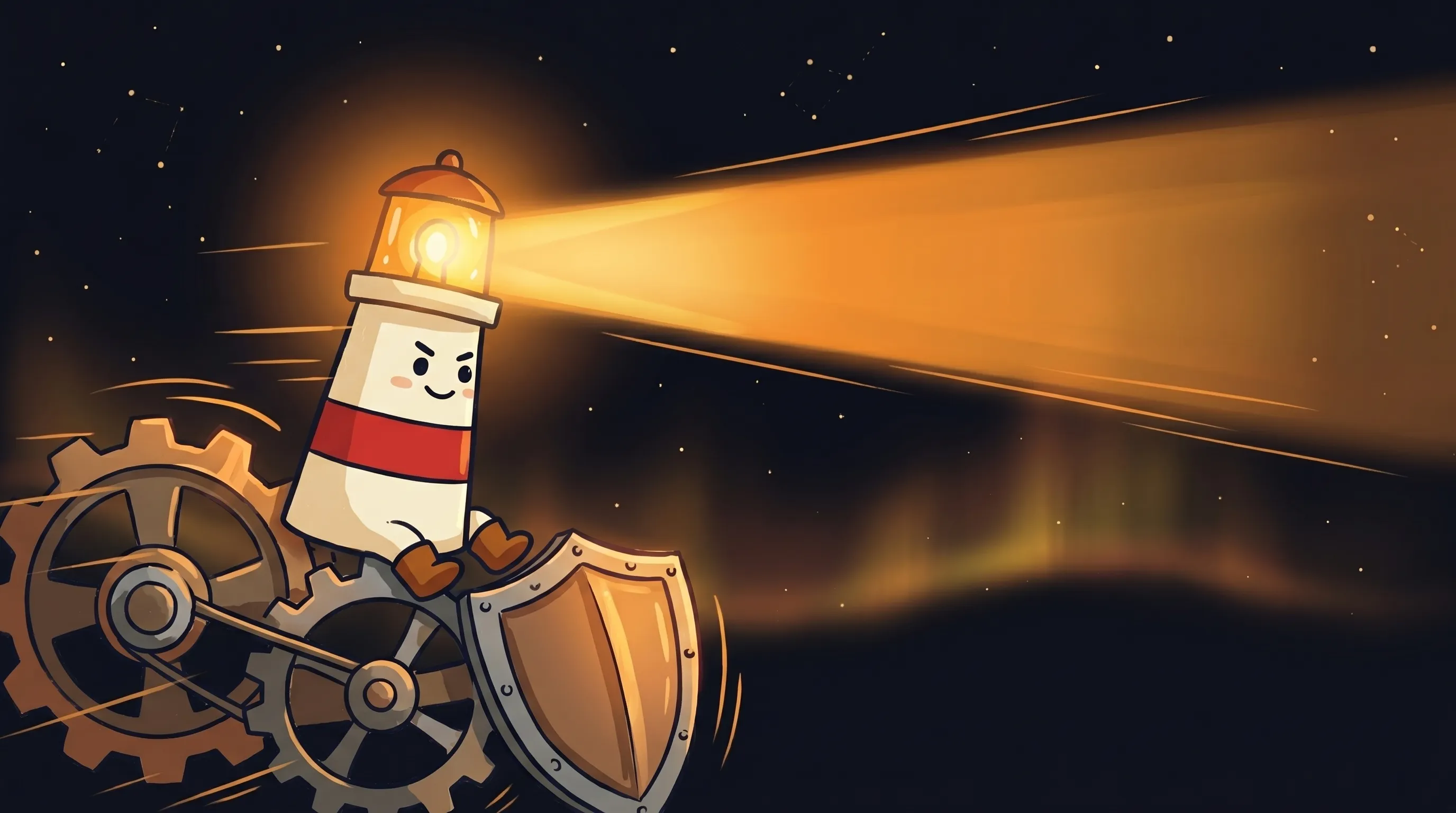 Beacon the lighthouse illuminating a glowing Gemini AI logo, cream body with red stripe, amber light shining down.