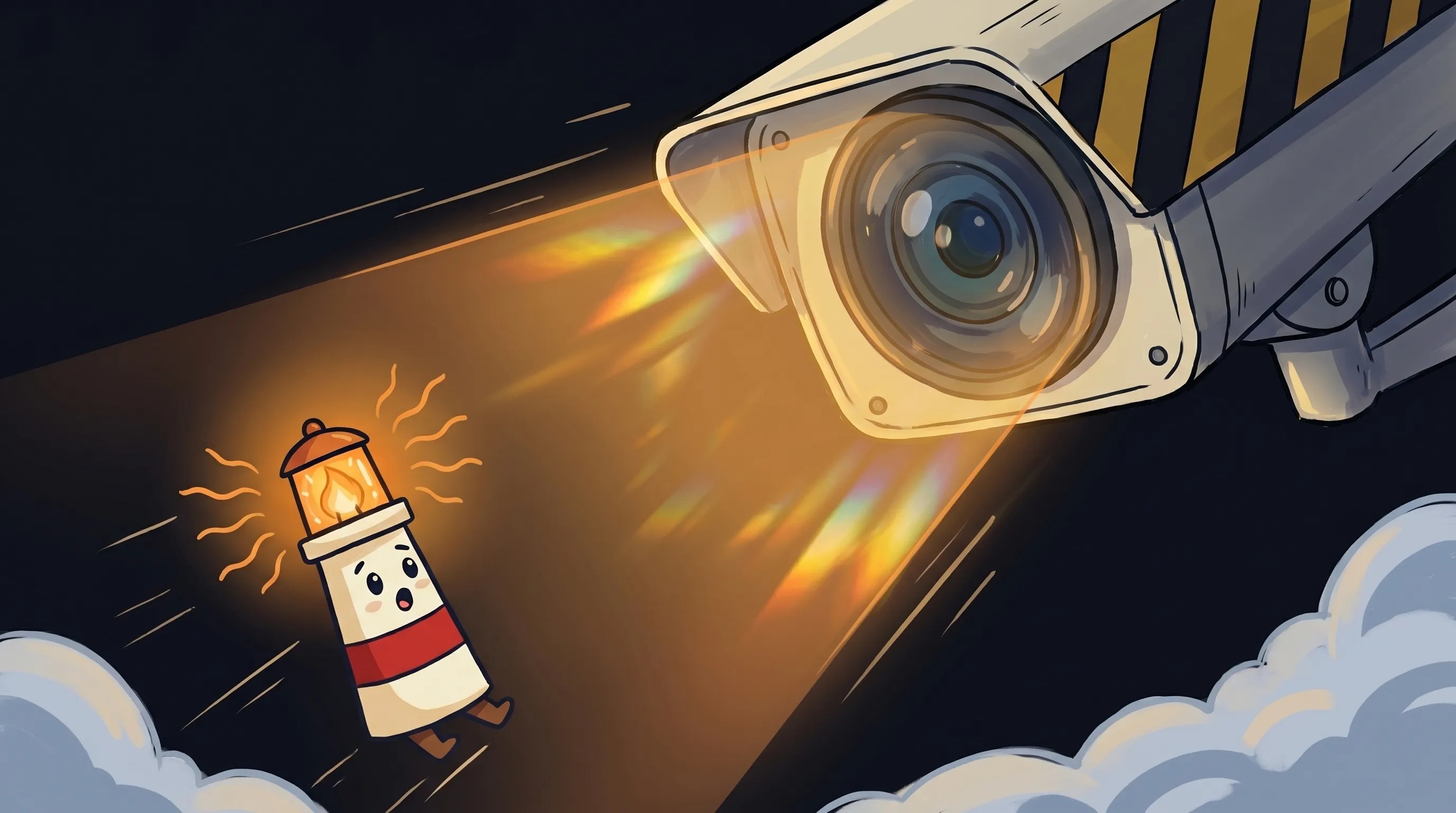 Beacon the lighthouse illuminating a surveillance camera, its amber glow casting light on the device against a dark navy b...