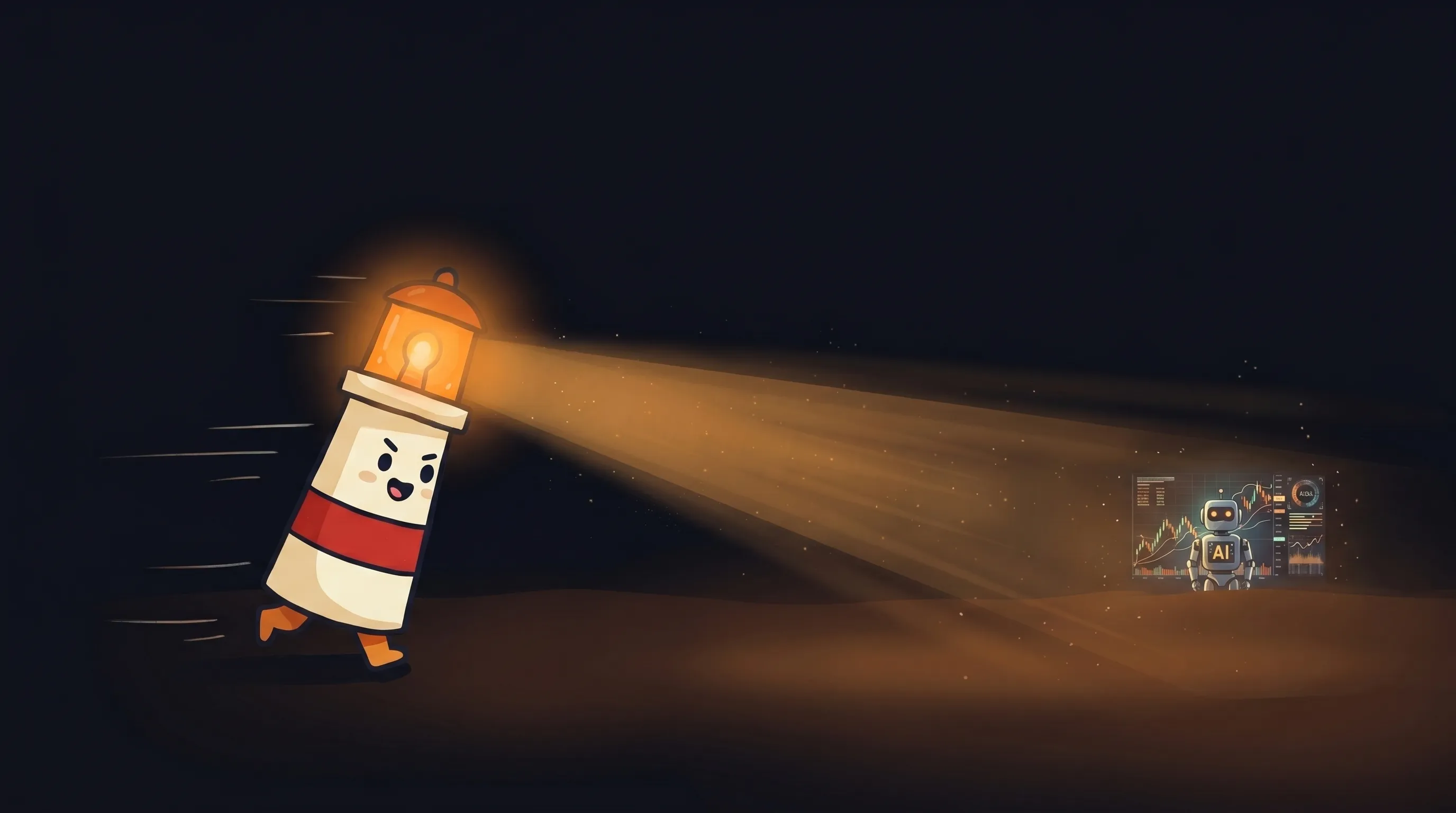 Beacon the lighthouse illuminating a glowing AI trading chart, cream body with red stripe, amber light beaming on digital ...