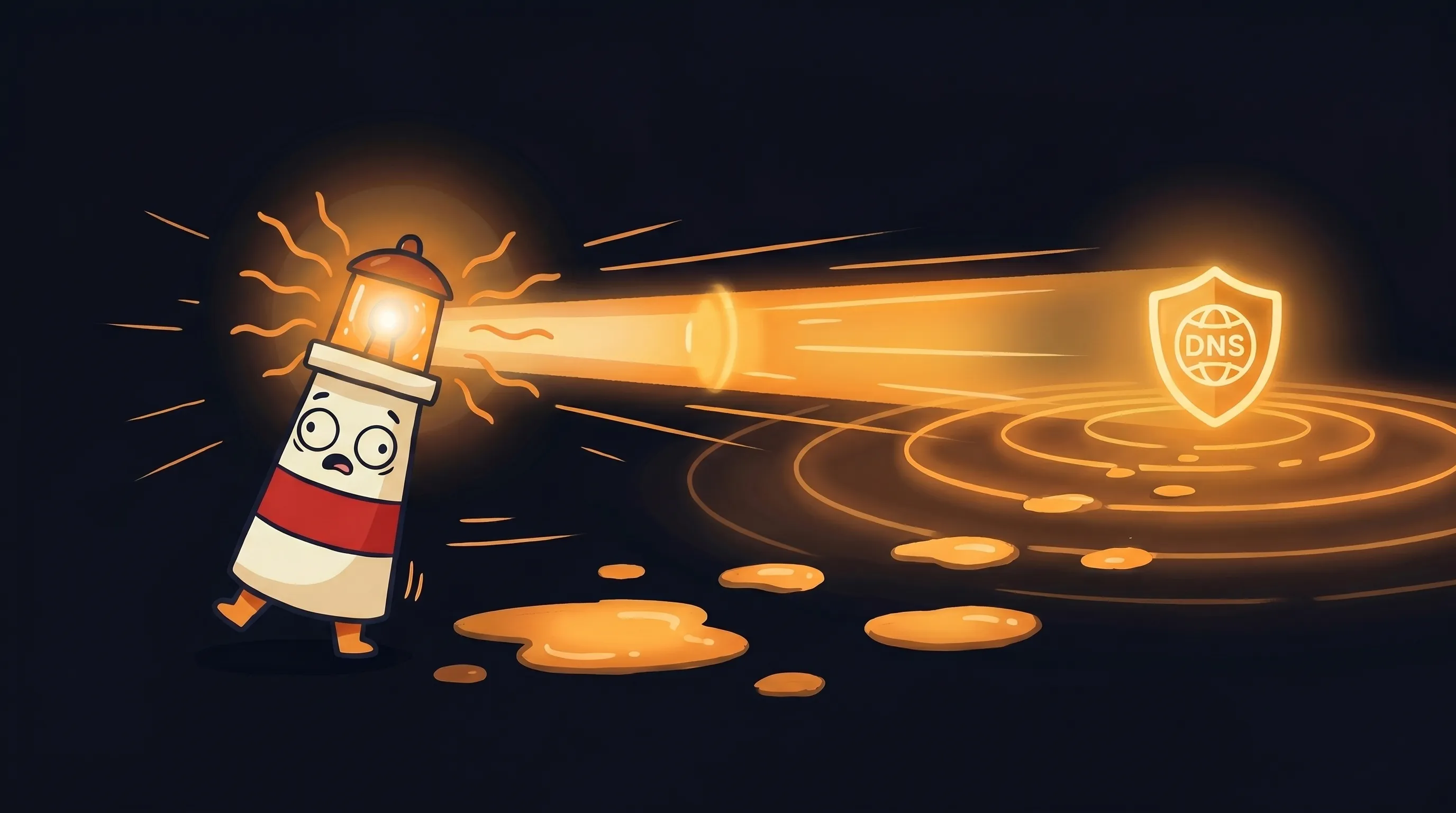 Beacon the lighthouse illuminating a glowing AI agent identity tag, with amber light casting a warm glow on a dark navy ba...