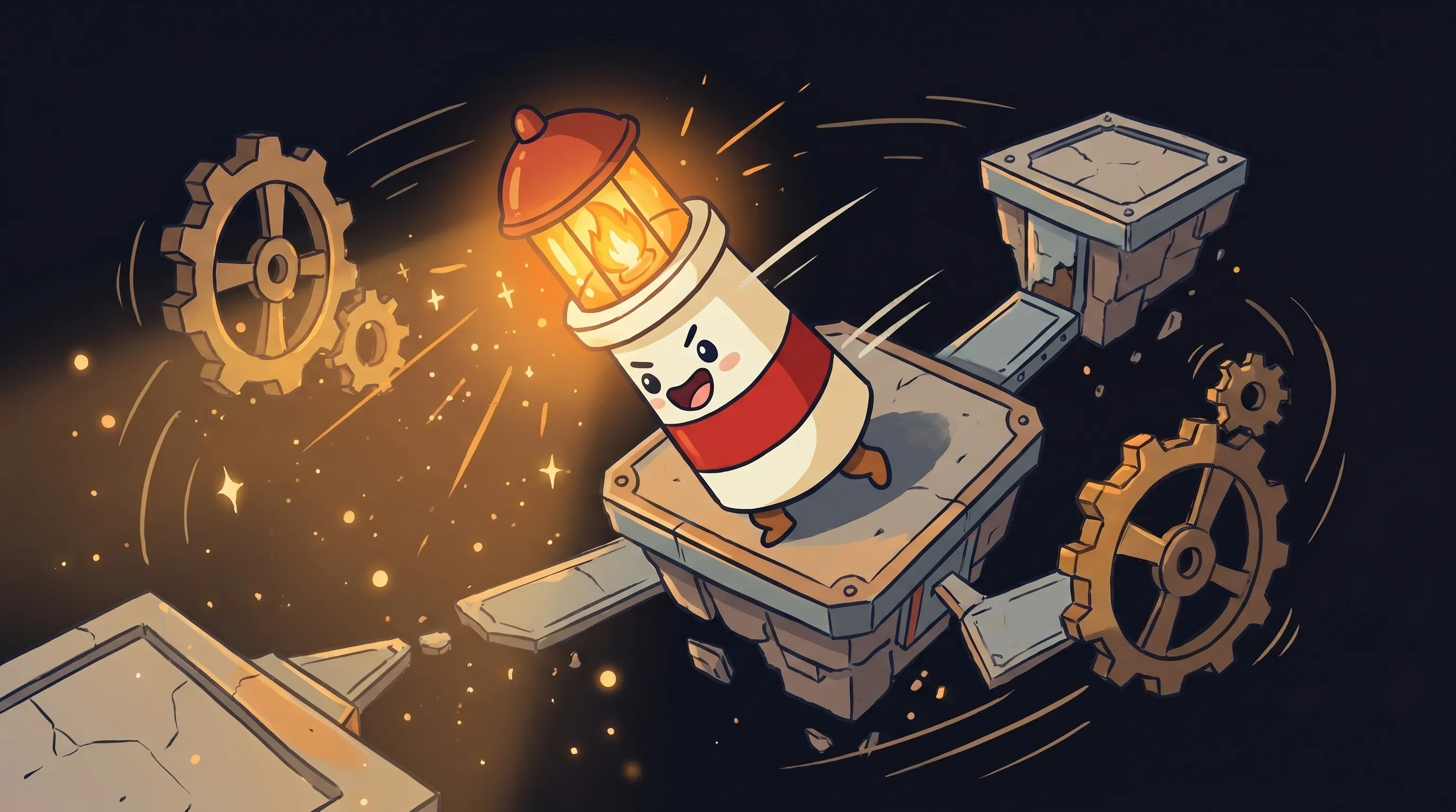 Beacon the lighthouse illuminating a glowing AI circuit board, cream body with red stripe, amber lantern shining on enterp...