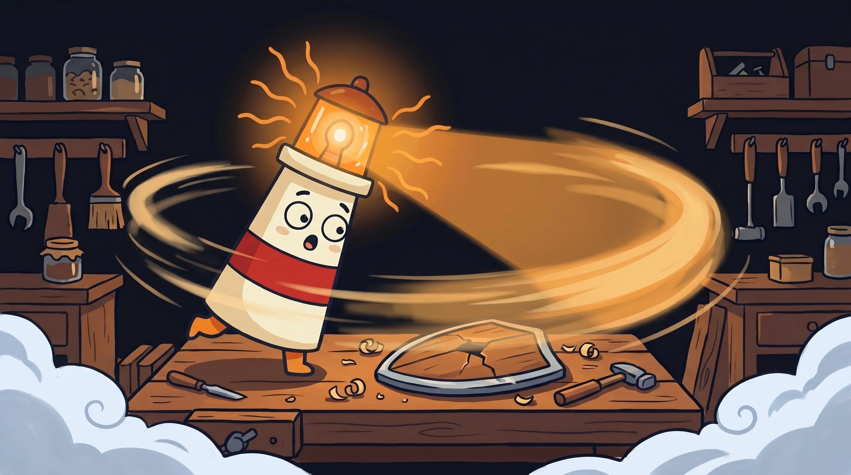 Beacon the lighthouse illuminating a shadowy AI agent tangled in chains and padlocks, warning of security risks.