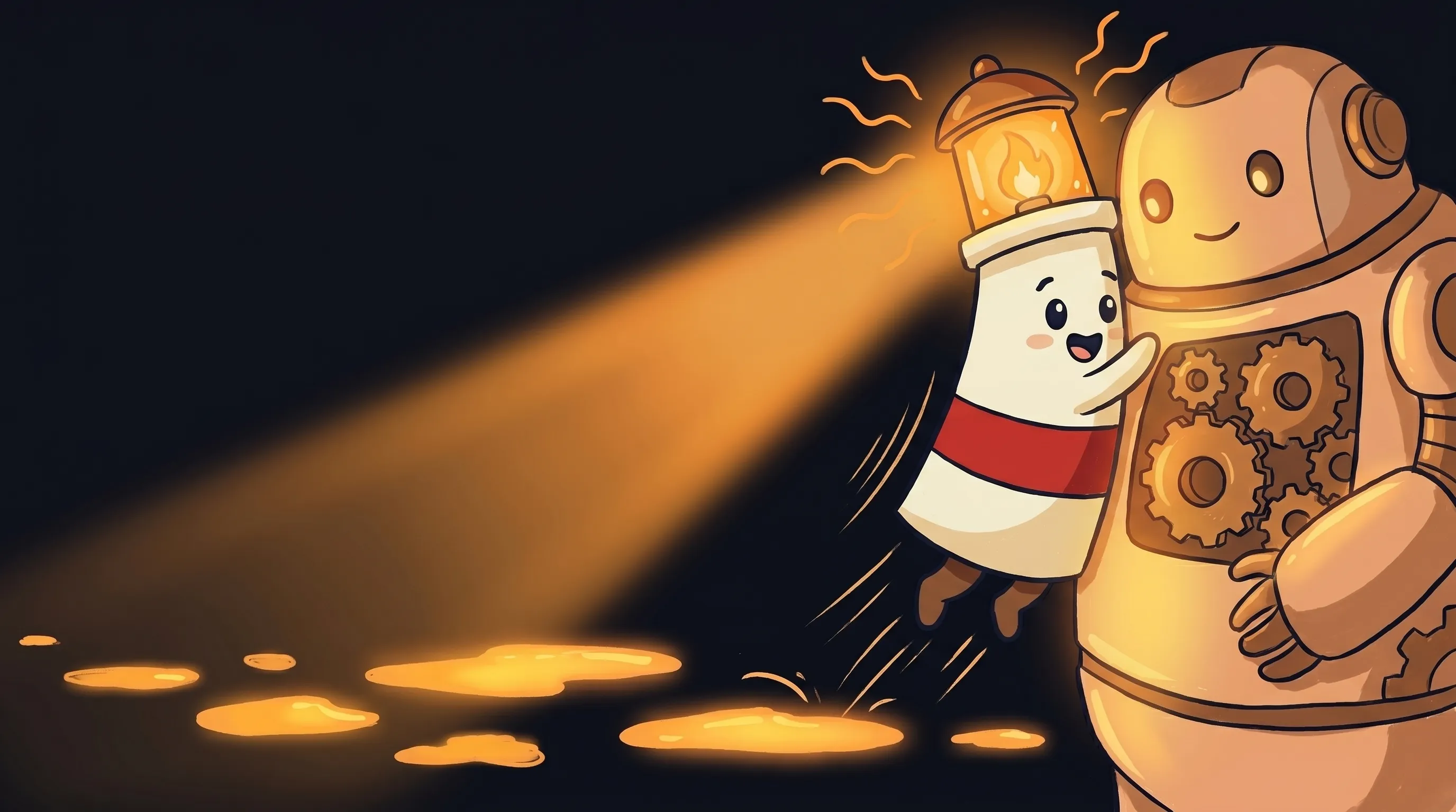 Beacon the lighthouse illuminating a glowing AI circuit board, cream body with red stripe, amber lantern shining bright.