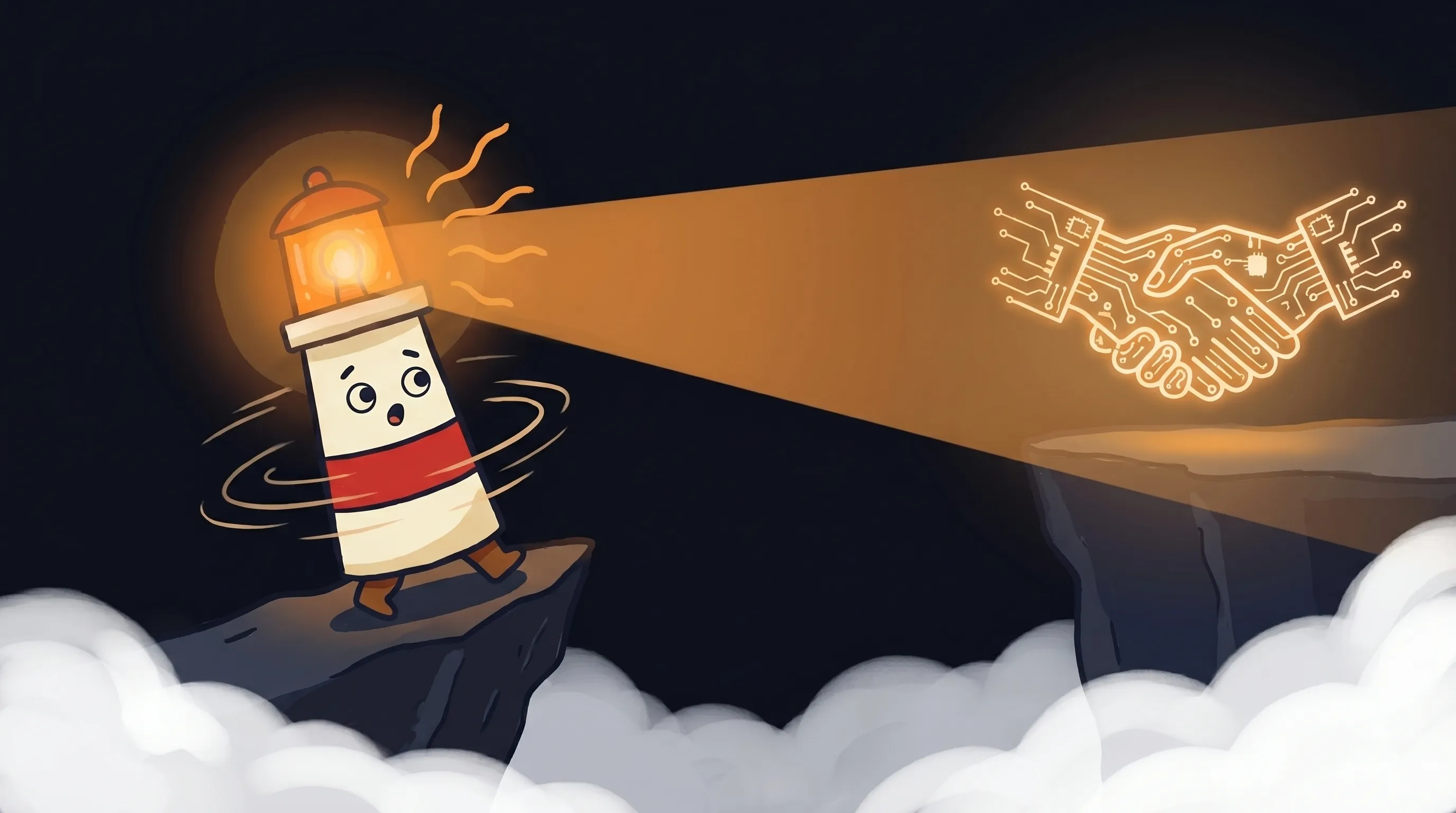 Beacon the lighthouse illuminating a glowing handshake, symbolizing AI trust, on a dark navy background.