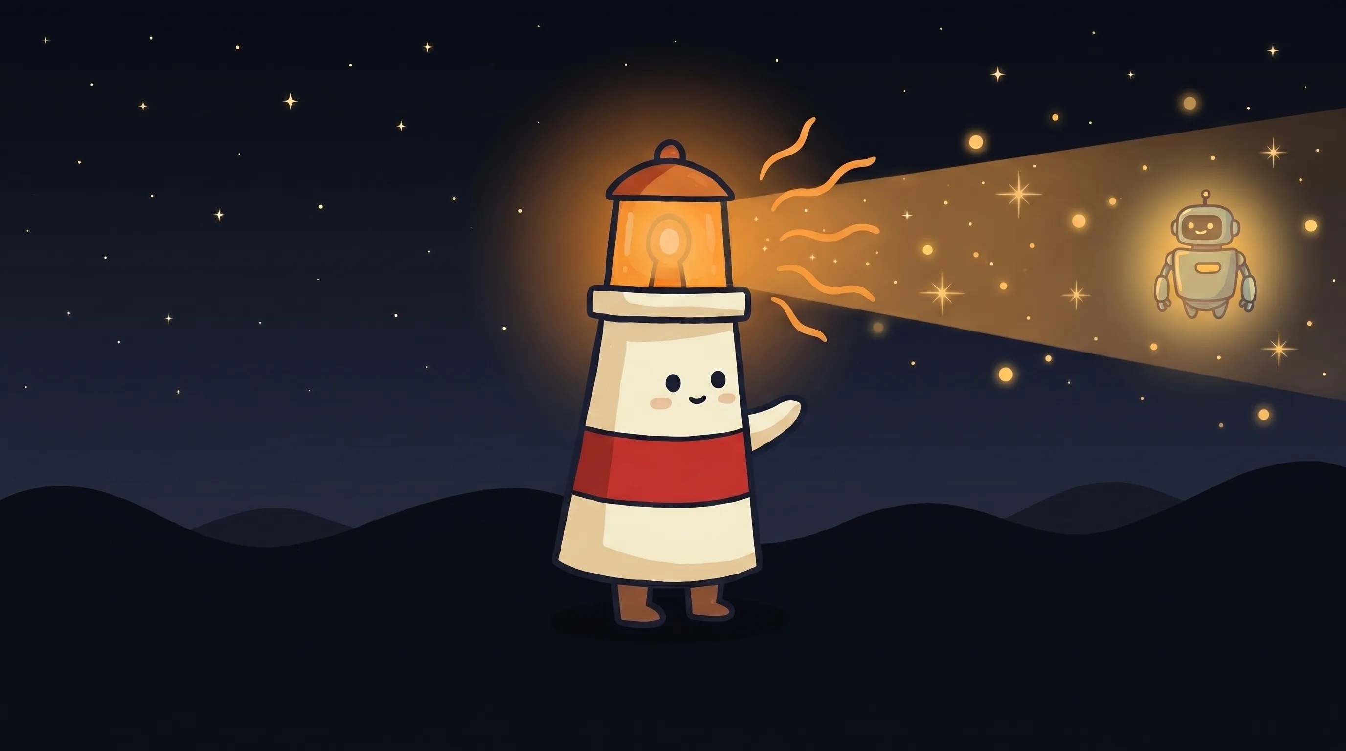 Beacon the lighthouse illuminating a small laptop with glowing amber light, representing AI virtual assistants for small business.