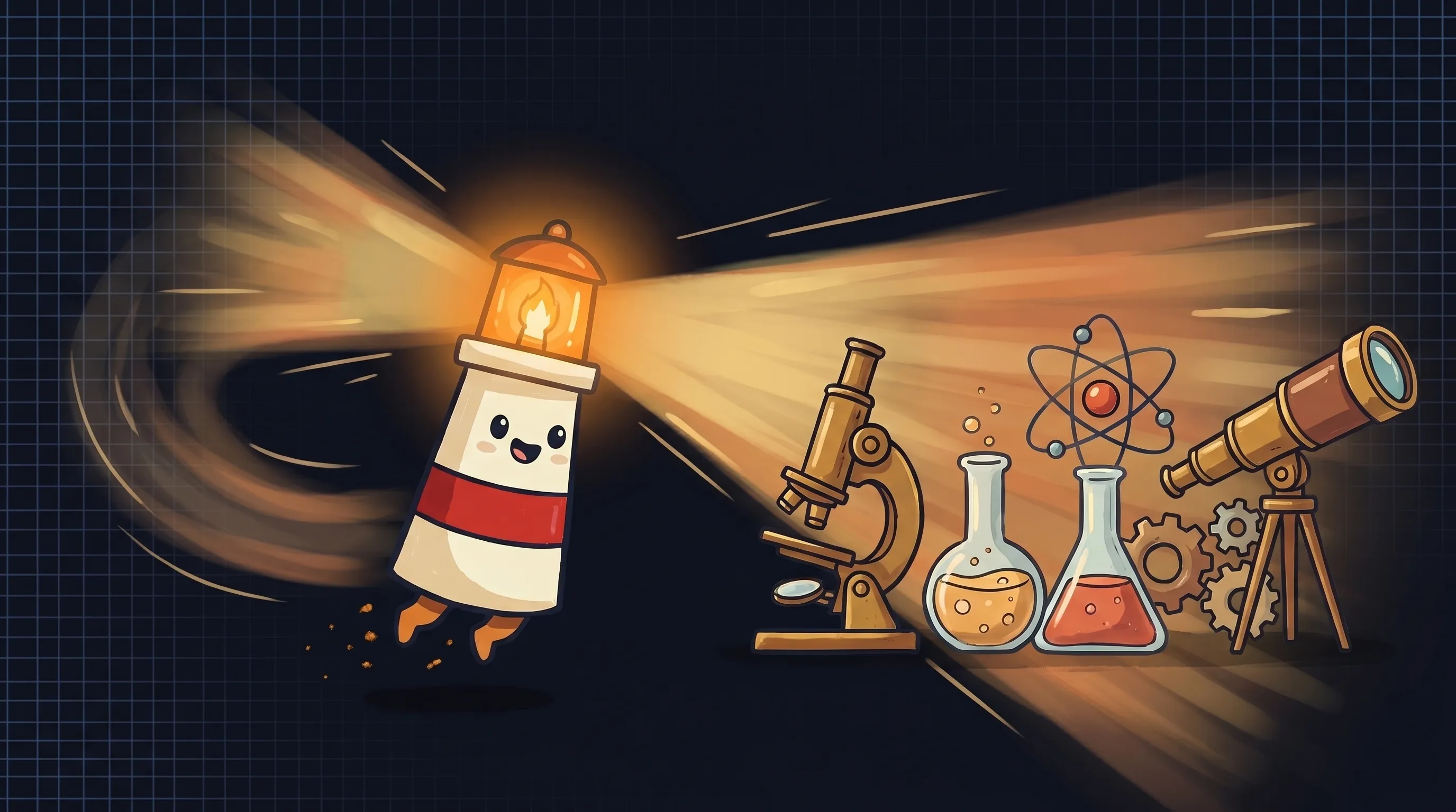 Beacon the lighthouse illuminating a collection of AI research tools, glowing amber light casting warm rays on scientific ...
