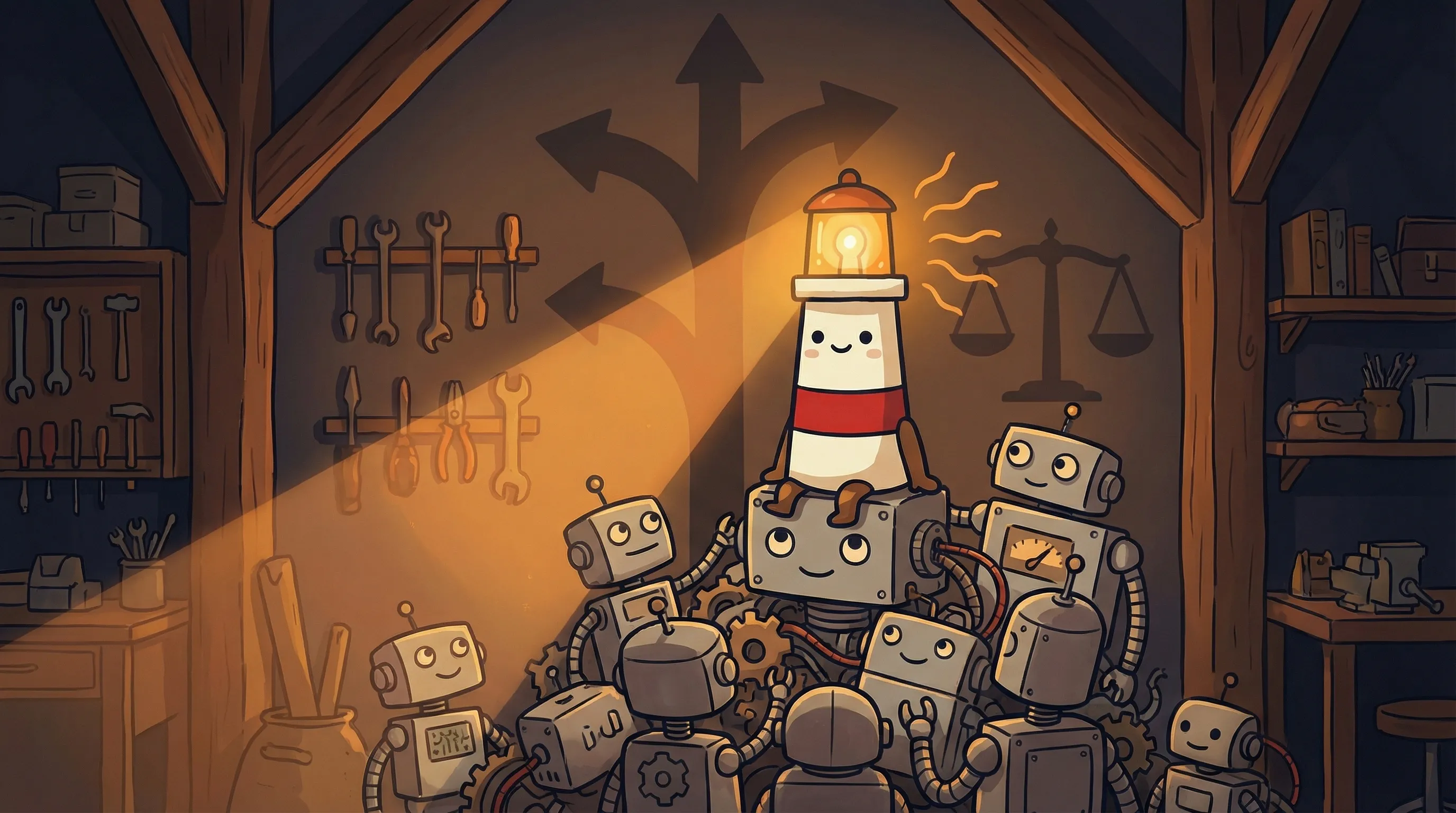 Beacon the lighthouse illuminating three cloud server icons labeled BrainRoad, xCloud, and ClawdHost on dark navy background.