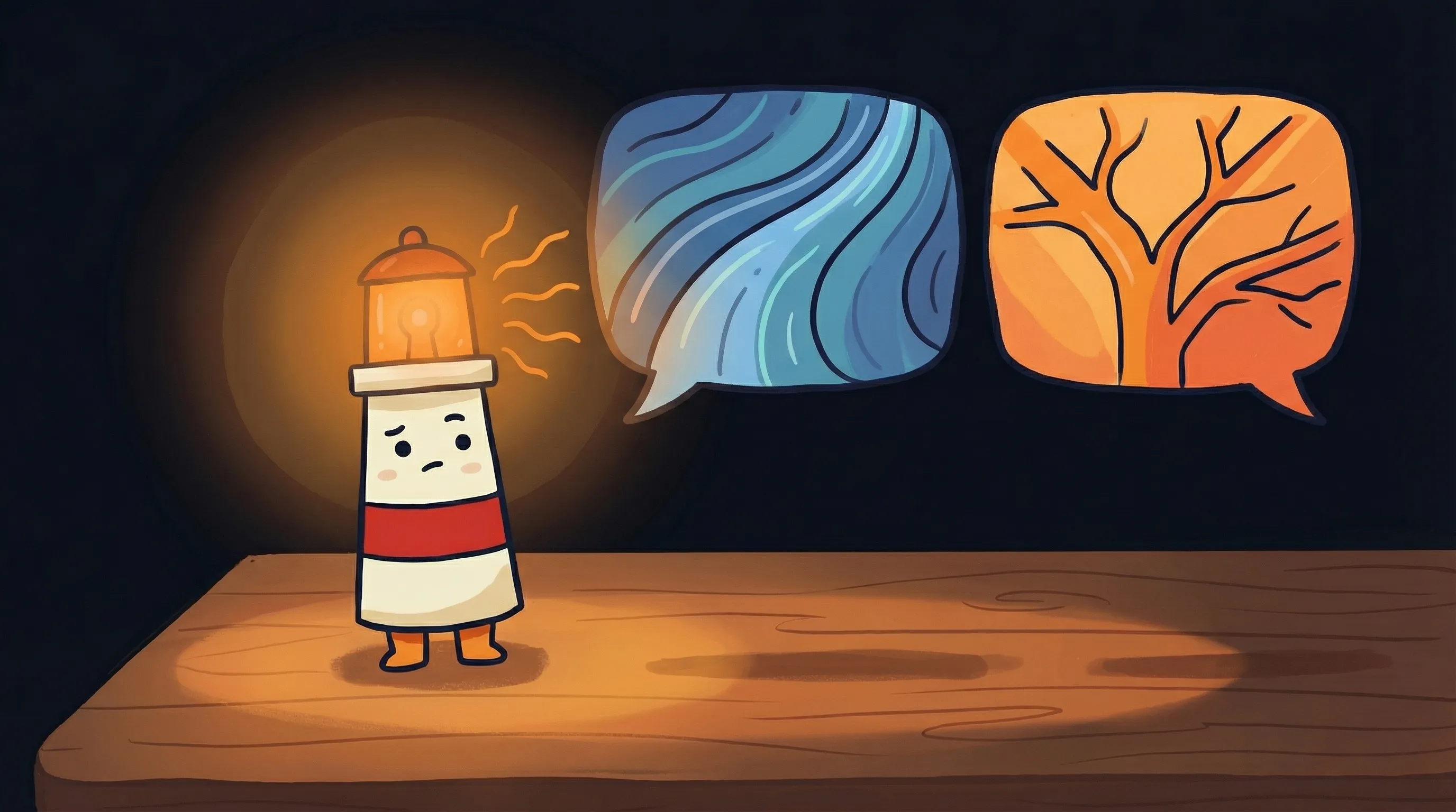 Beacon the lighthouse illuminating two chat bubbles—one labeled OpenClaw, one ChatGPT—on a dark navy background.