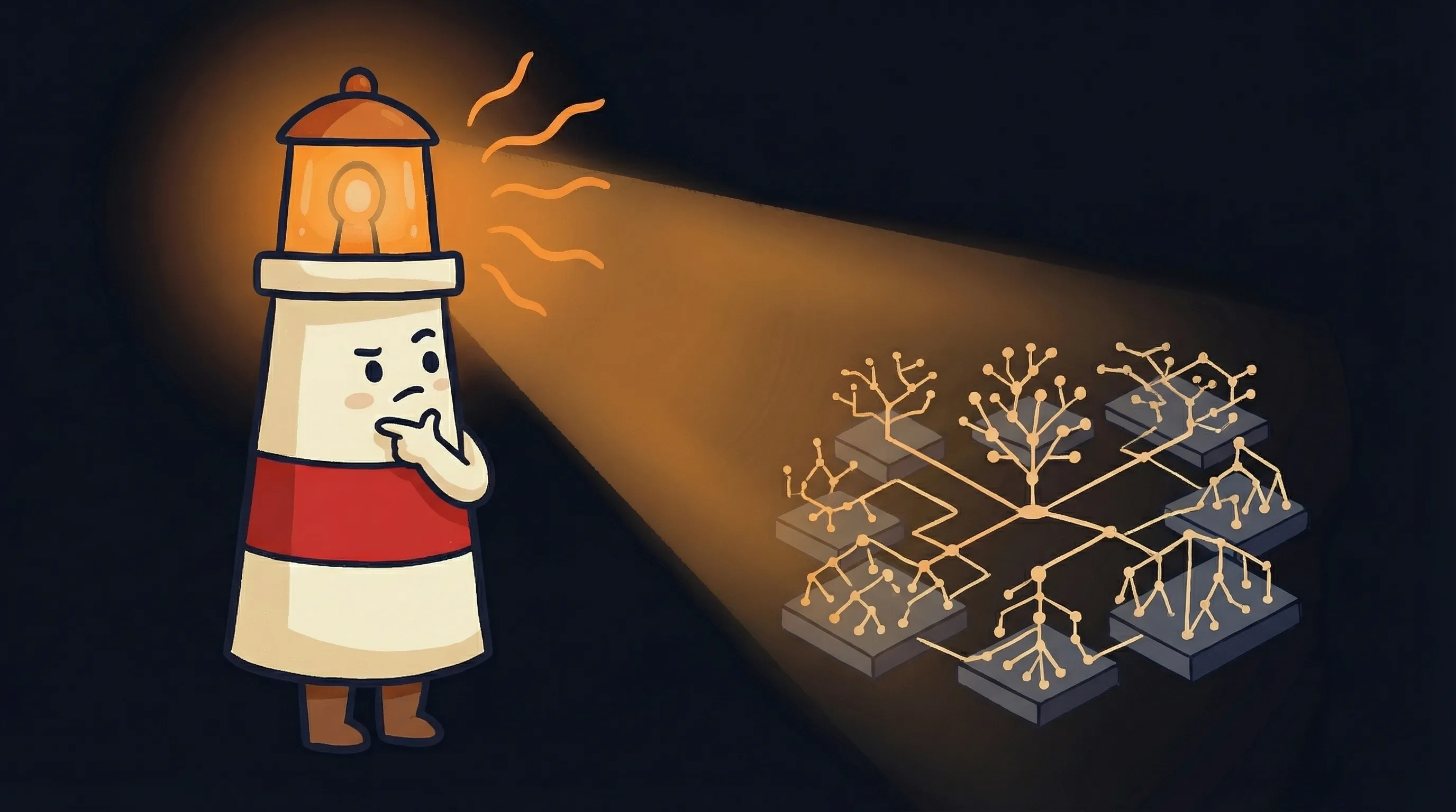 Beacon the lighthouse illuminating two AI platform logos, glowing amber light casting warm rays on a comparison scale.