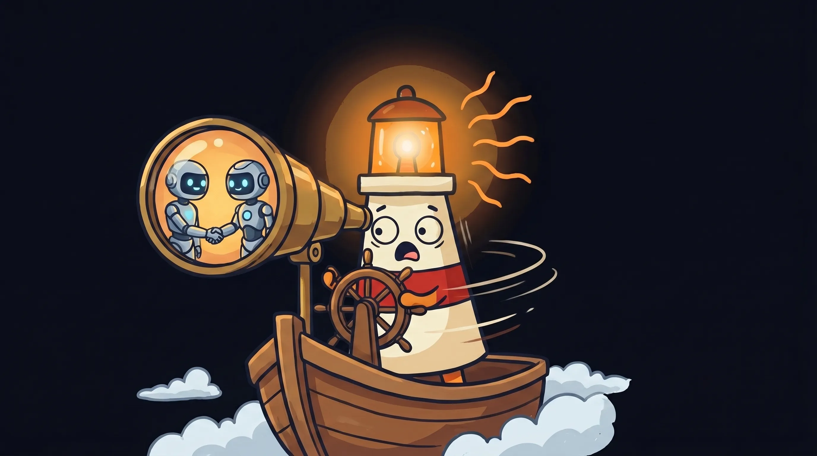 Beacon the lighthouse illuminating a data ID card, glowing amber light on navy background, flat 2D illustration style.