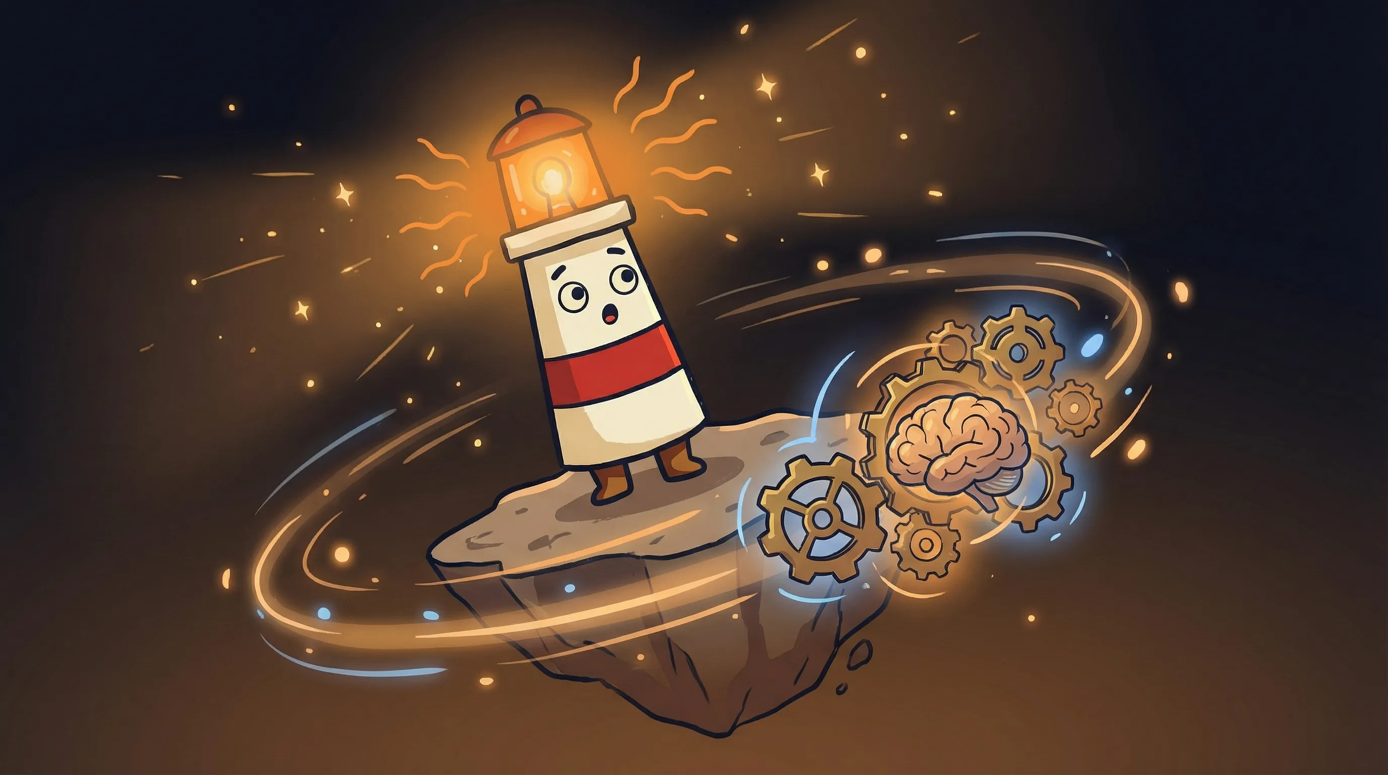 Beacon the lighthouse illuminating a glowing brain icon and a sparkle icon, representing AI concepts on a dark background.