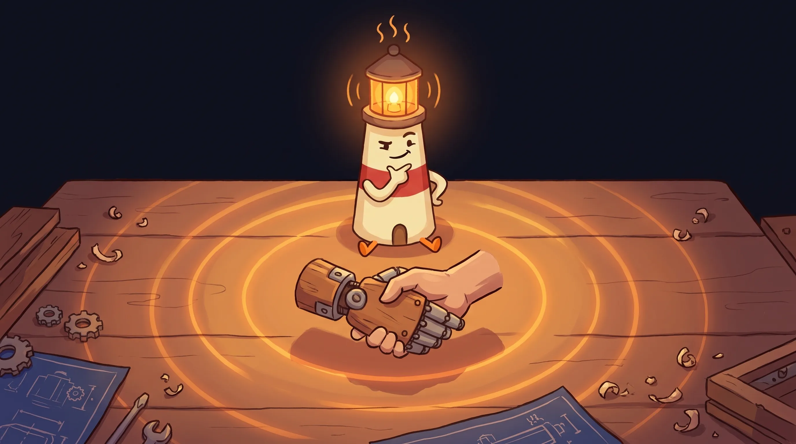 Beacon the lighthouse character shines its amber light on a tiny robot assistant and a headset side by side.