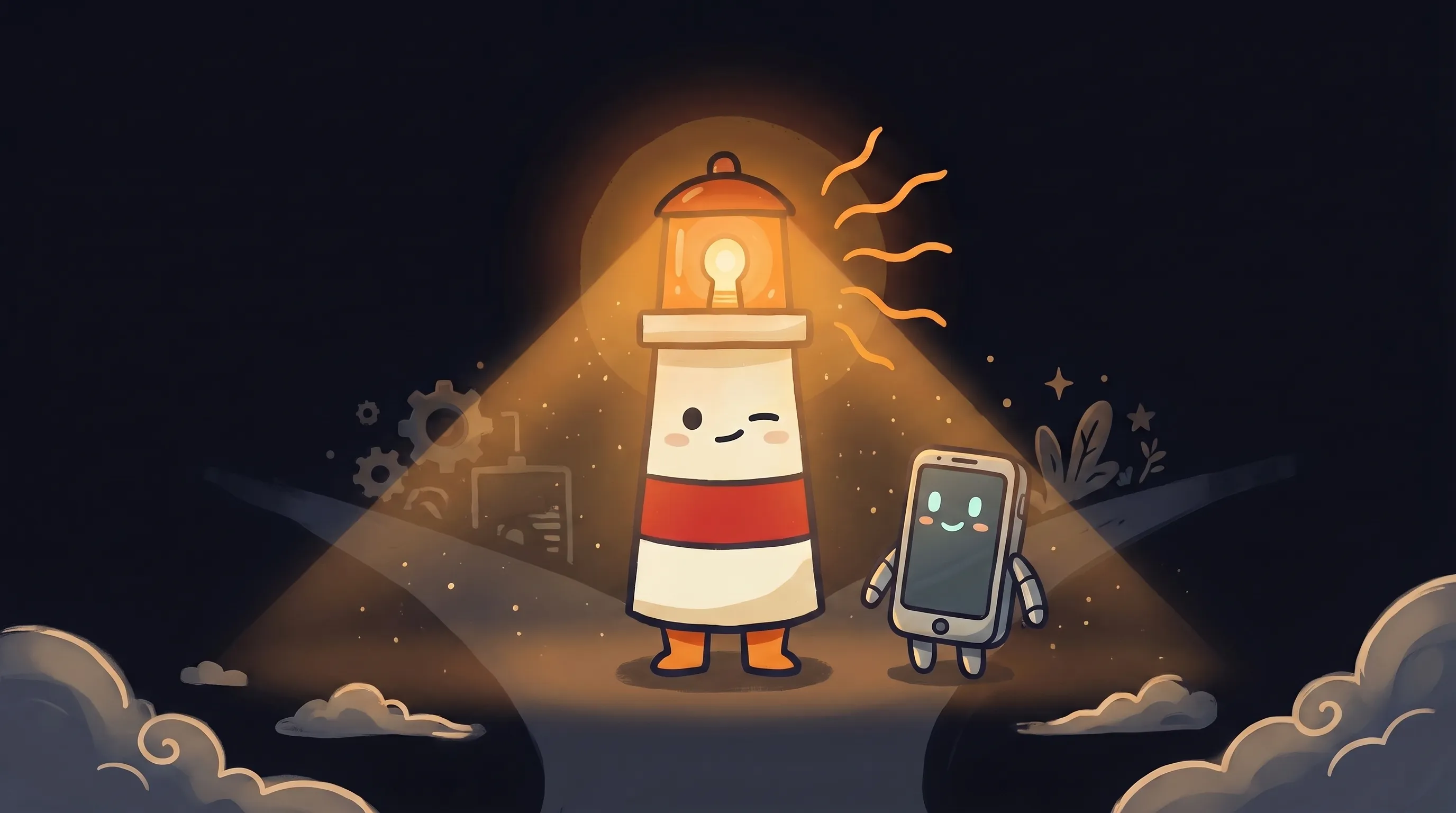 Beacon the lighthouse illuminating a split screen showing a robot and a phone headset, representing AI vs answering services.