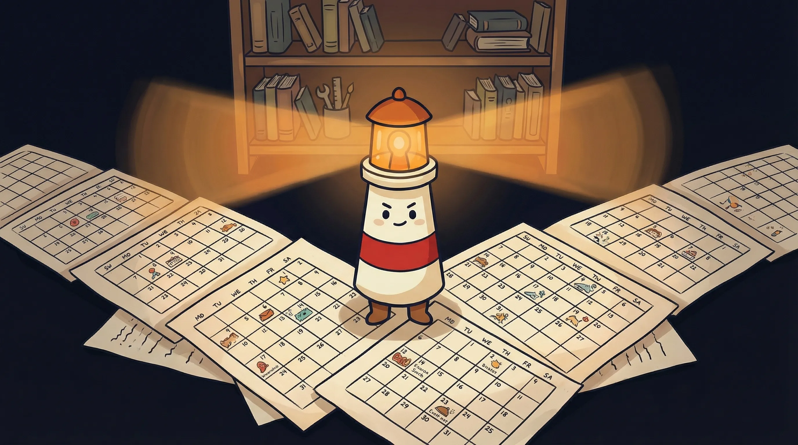 Beacon the lighthouse illuminating two AI assistant app icons, cream body with red stripe, amber glow on dark navy backgro...