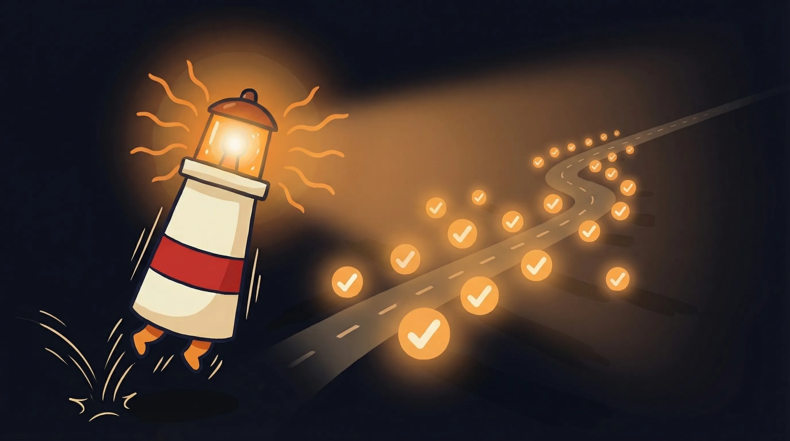 Beacon the lighthouse illuminating a glowing checklist, symbolizing agent action approval before execution.