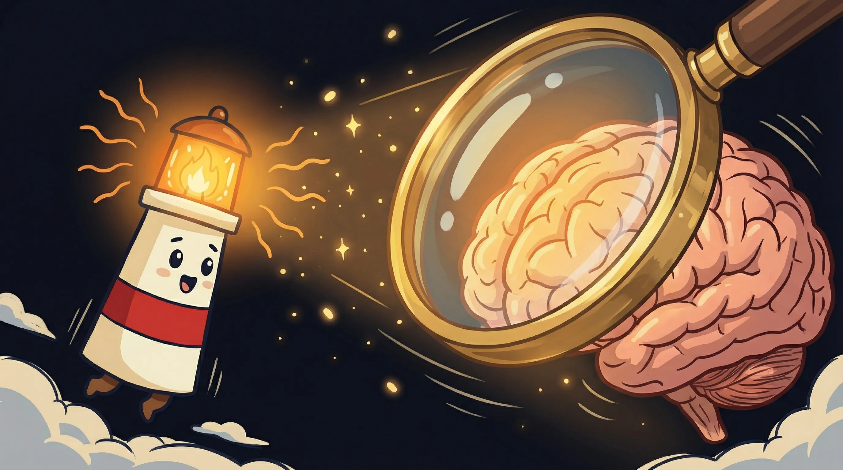 Beacon the lighthouse illuminates a glowing brain connected to search nodes, symbolizing AI semantic memory retrieval.