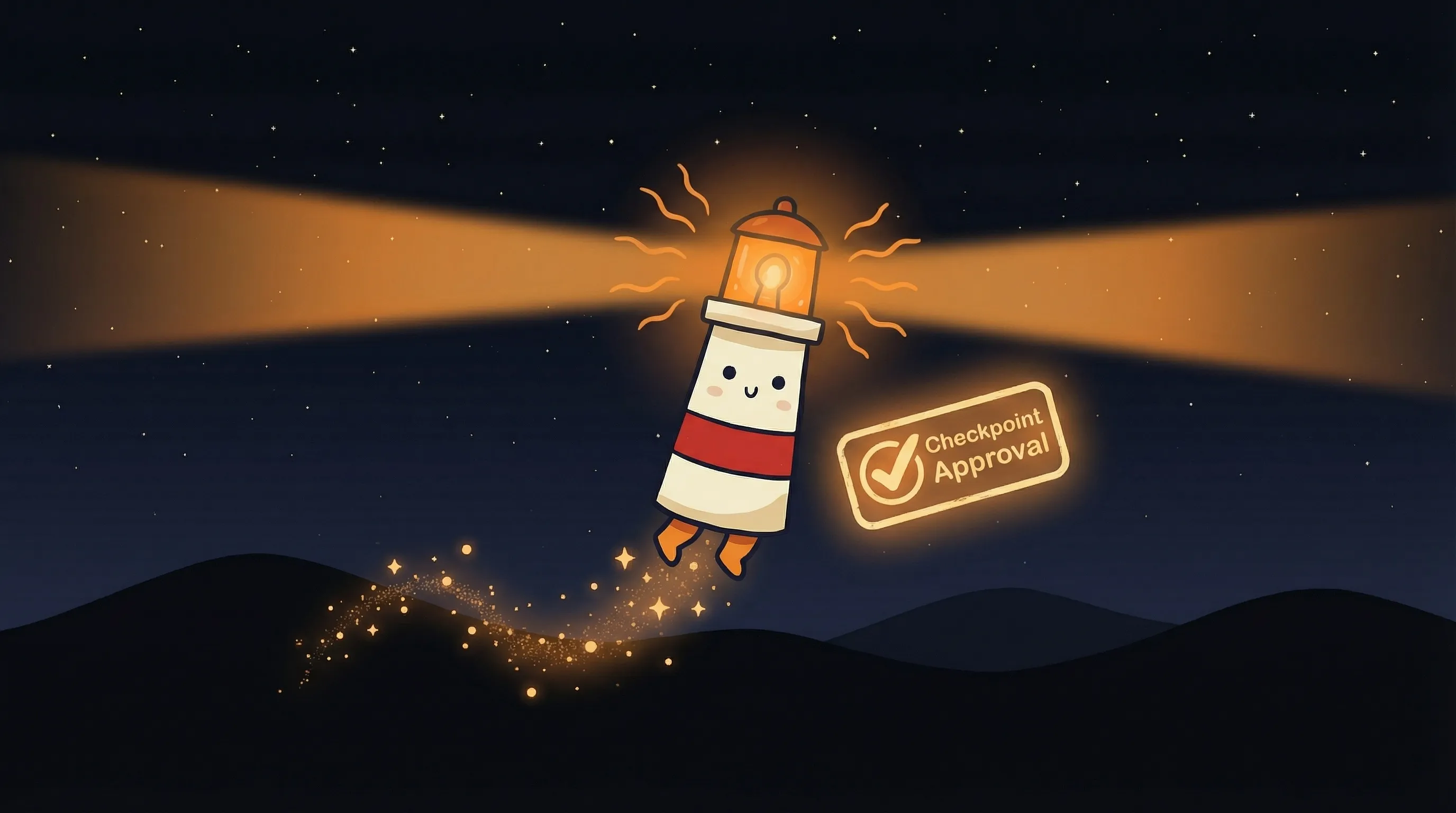 Beacon the lighthouse illuminating a clipboard with a checkmark, symbolizing AI agent approval workflows, on a dark navy b...