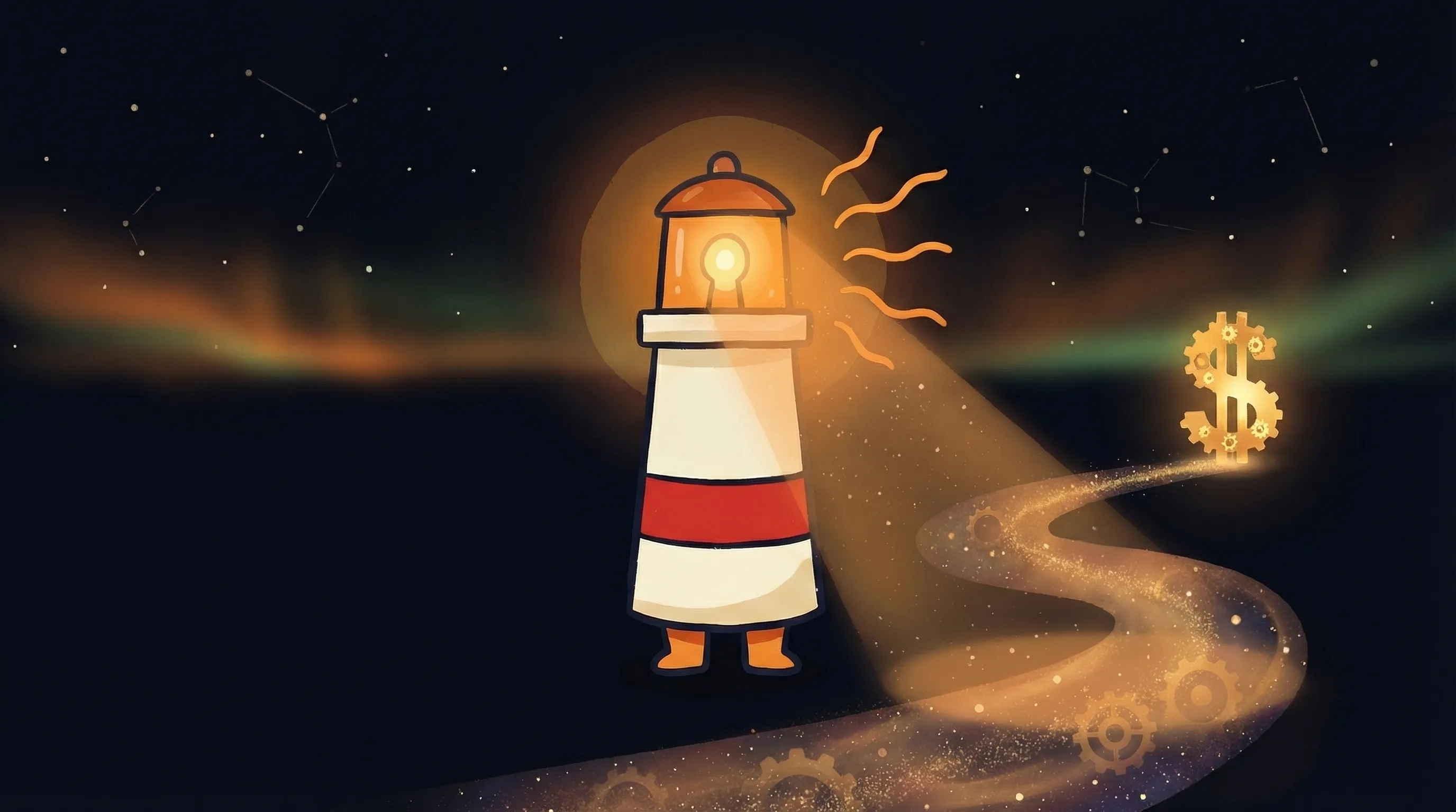 Beacon the lighthouse illuminating a small laptop displaying AI software, glowing amber light casting a warm beam on the s...