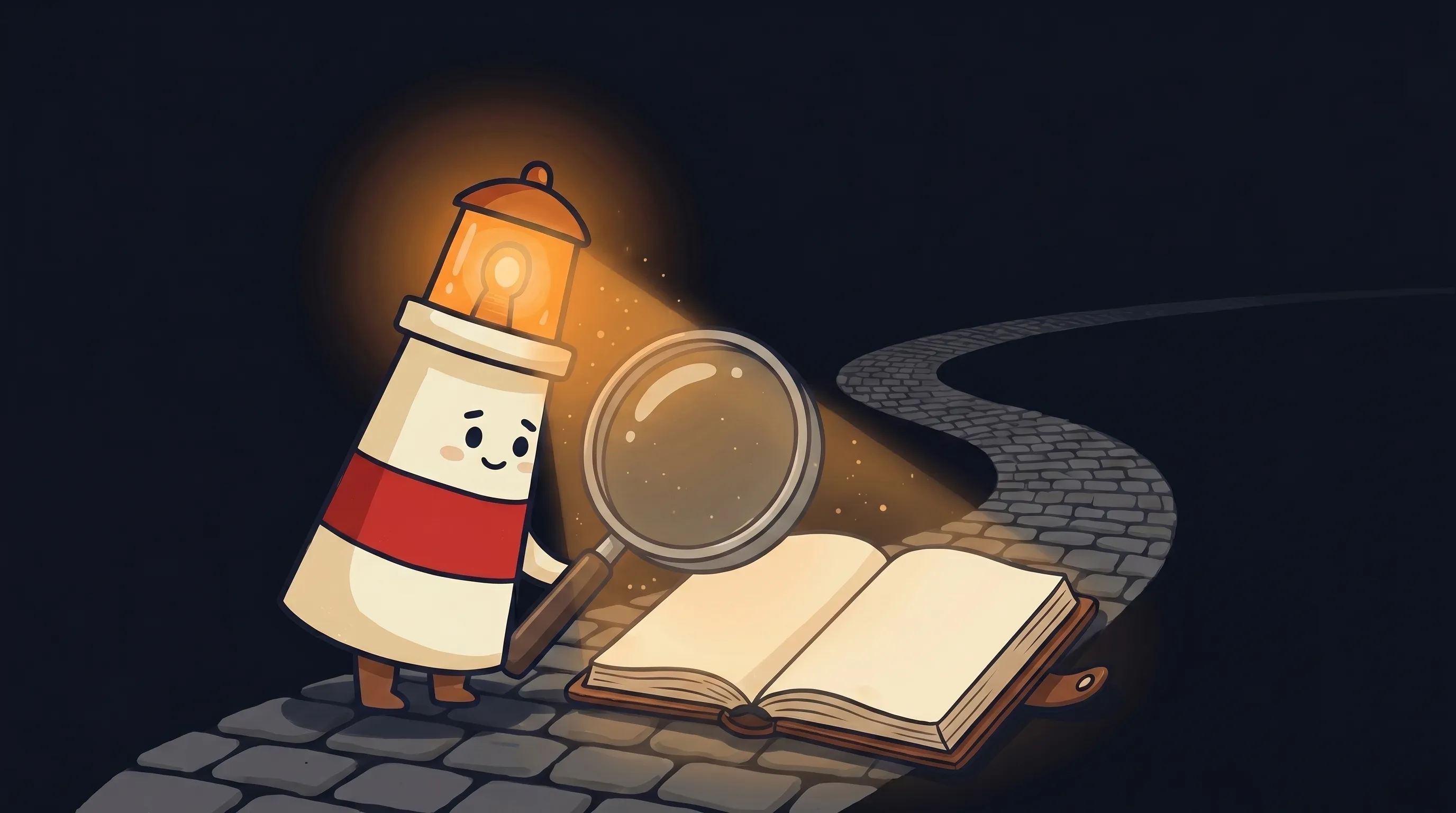 Beacon the lighthouse illuminating a chat message bubble, glowing amber light casting a warm review spotlight on customer ...