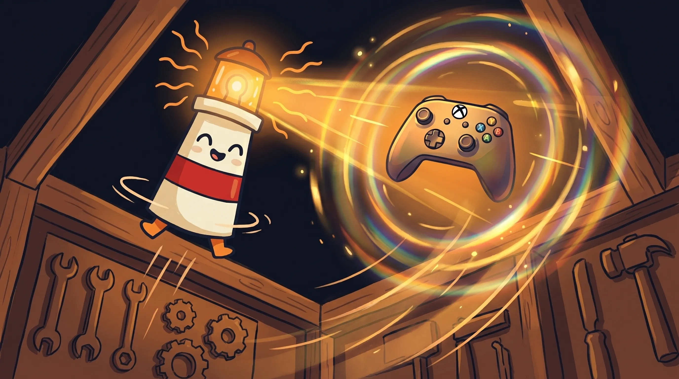 Beacon the lighthouse illuminating an Xbox controller, its amber glow casting warm light on the gaming device against a da...