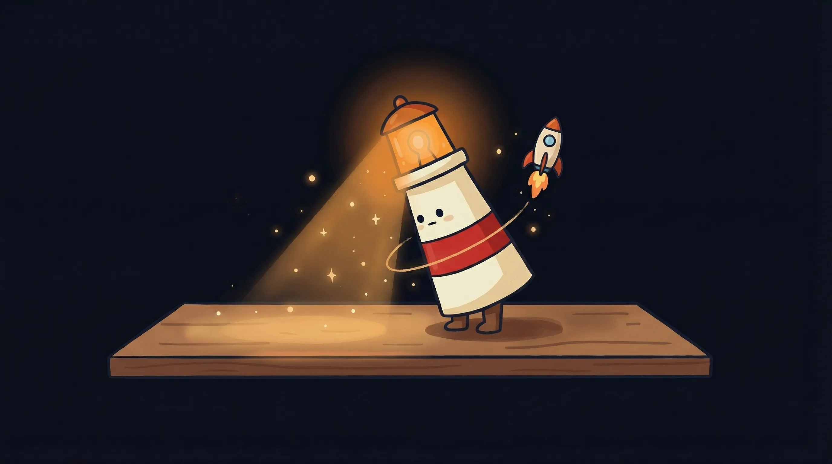 Beacon the lighthouse illuminating a glowing AI agent deployment dashboard on dark navy background.