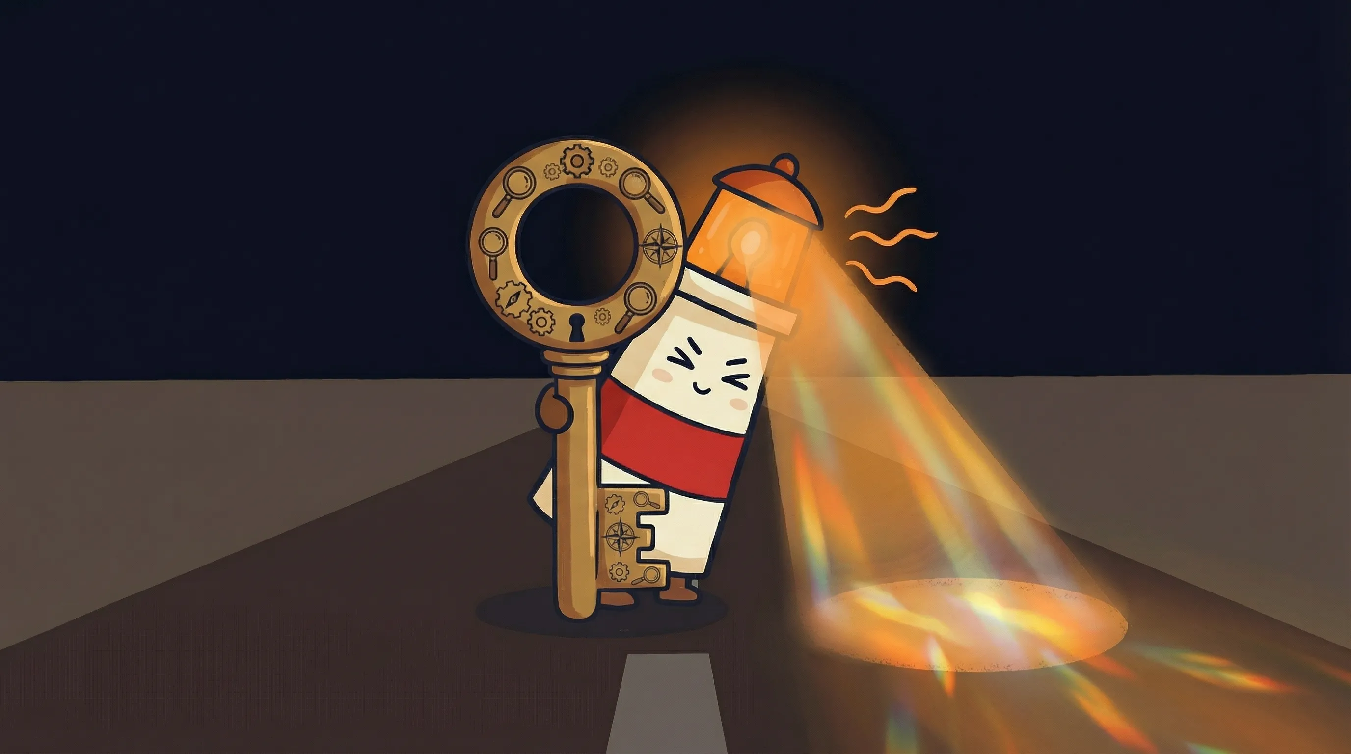 Beacon the lighthouse character shining light on a tangled mess of API keys, illustrating the ai agent setup bottleneck.