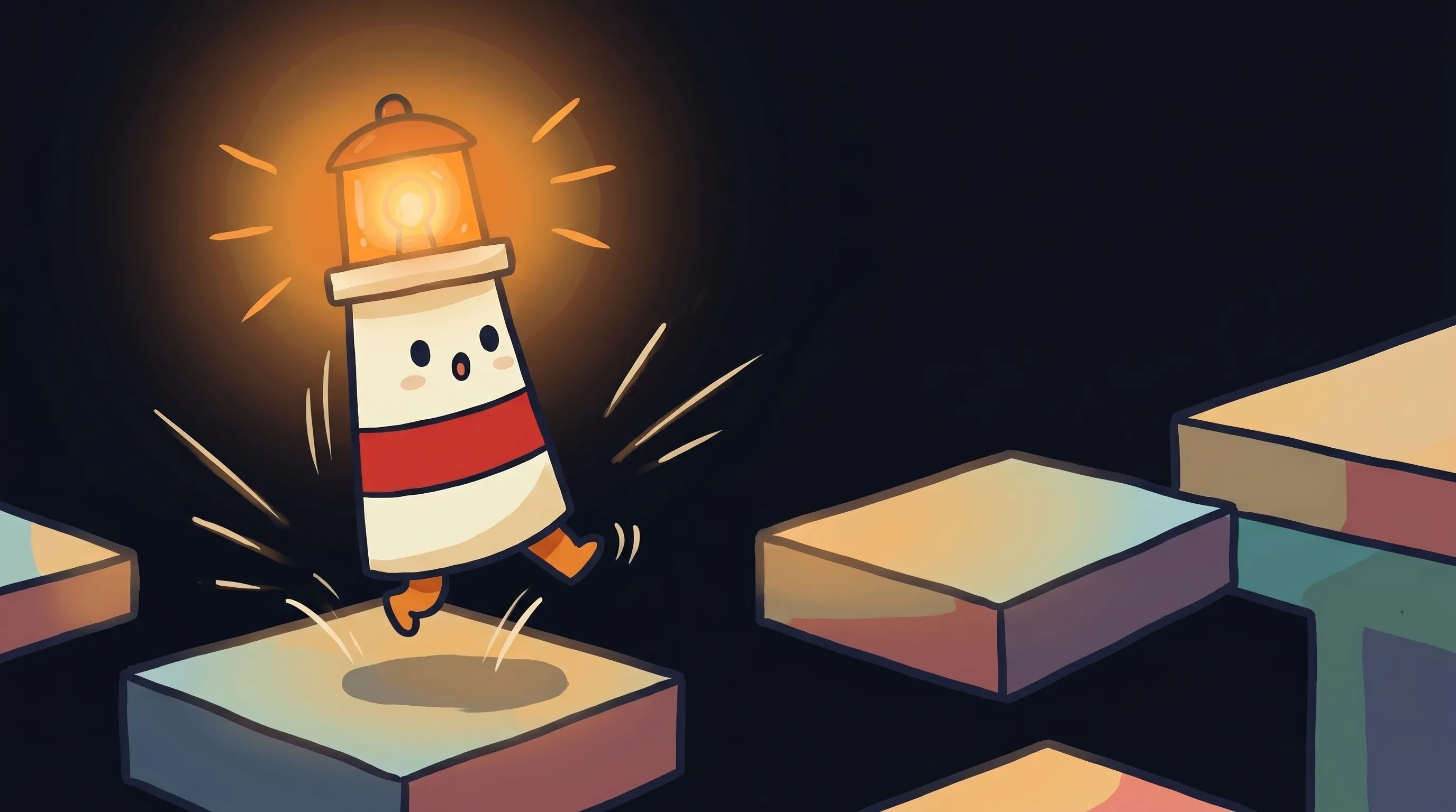 Beacon the lighthouse illuminating a glowing AI agent network, cream body with red stripe, amber light beaming onto digita...
