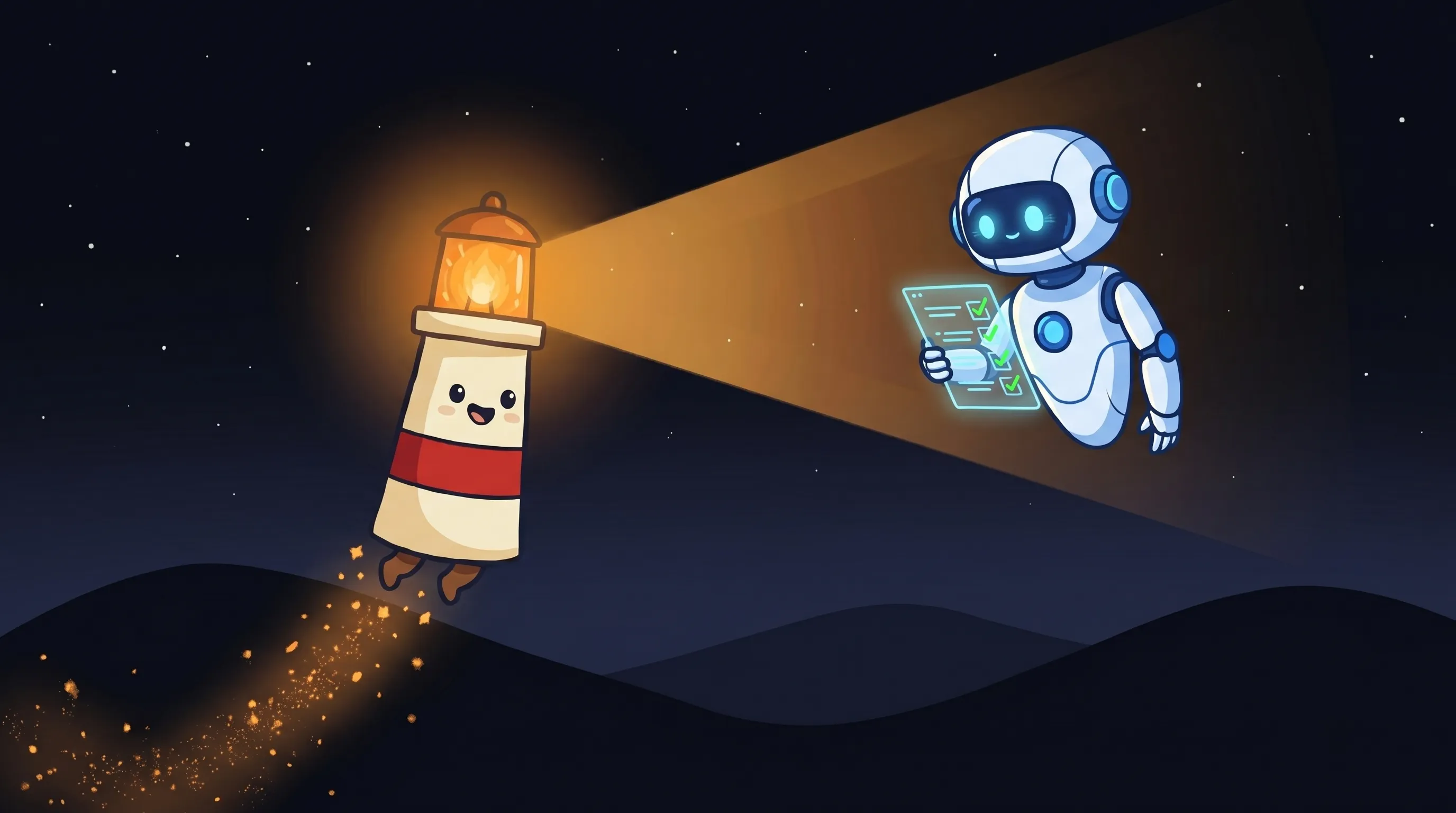 Beacon the lighthouse illuminating a checklist and chat bubbles, symbolizing AI-assisted customer message setup for small ...