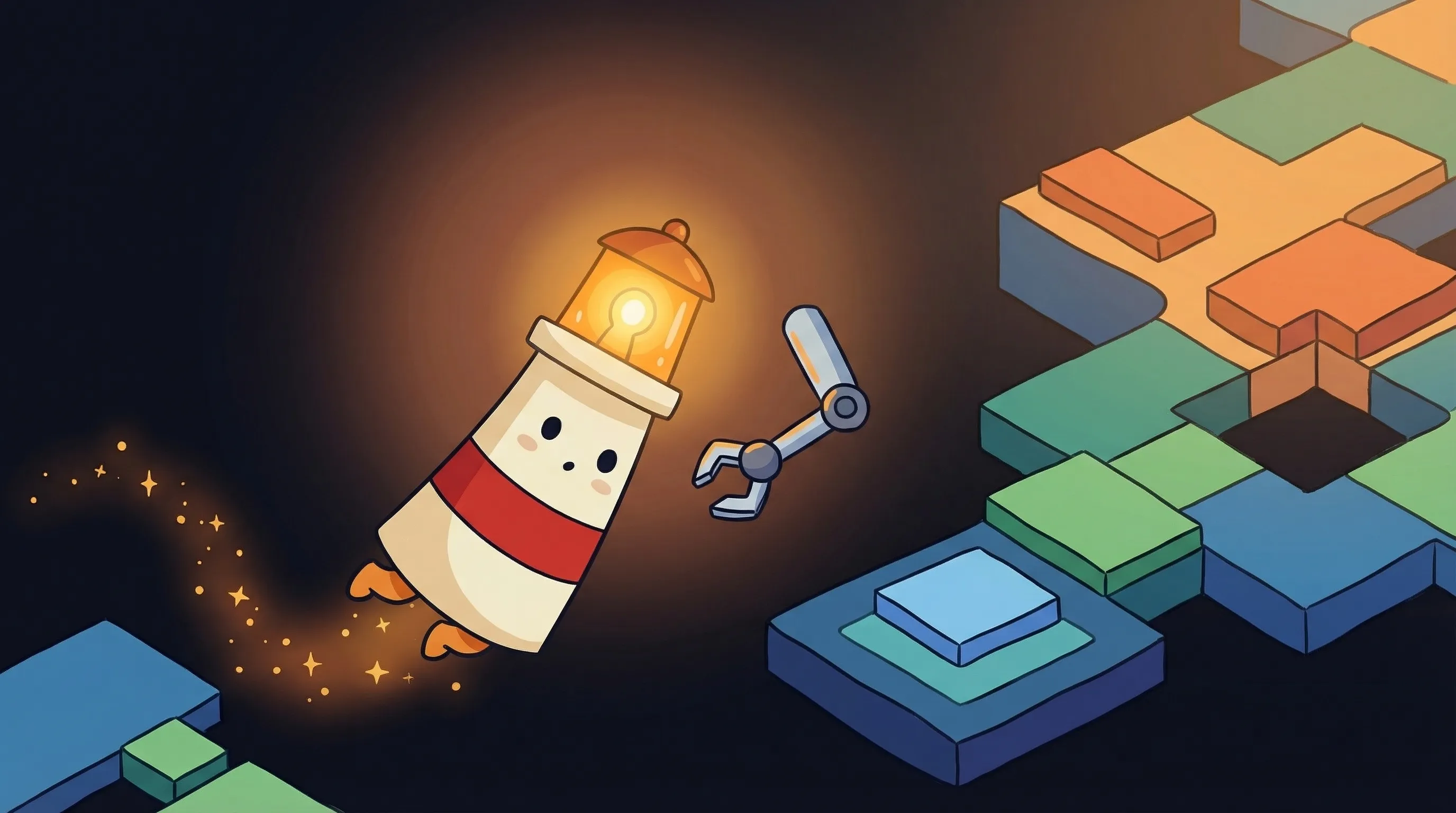 Beacon the lighthouse illuminating a robot chatbot and a glowing action button, contrasting talking vs. doing.
