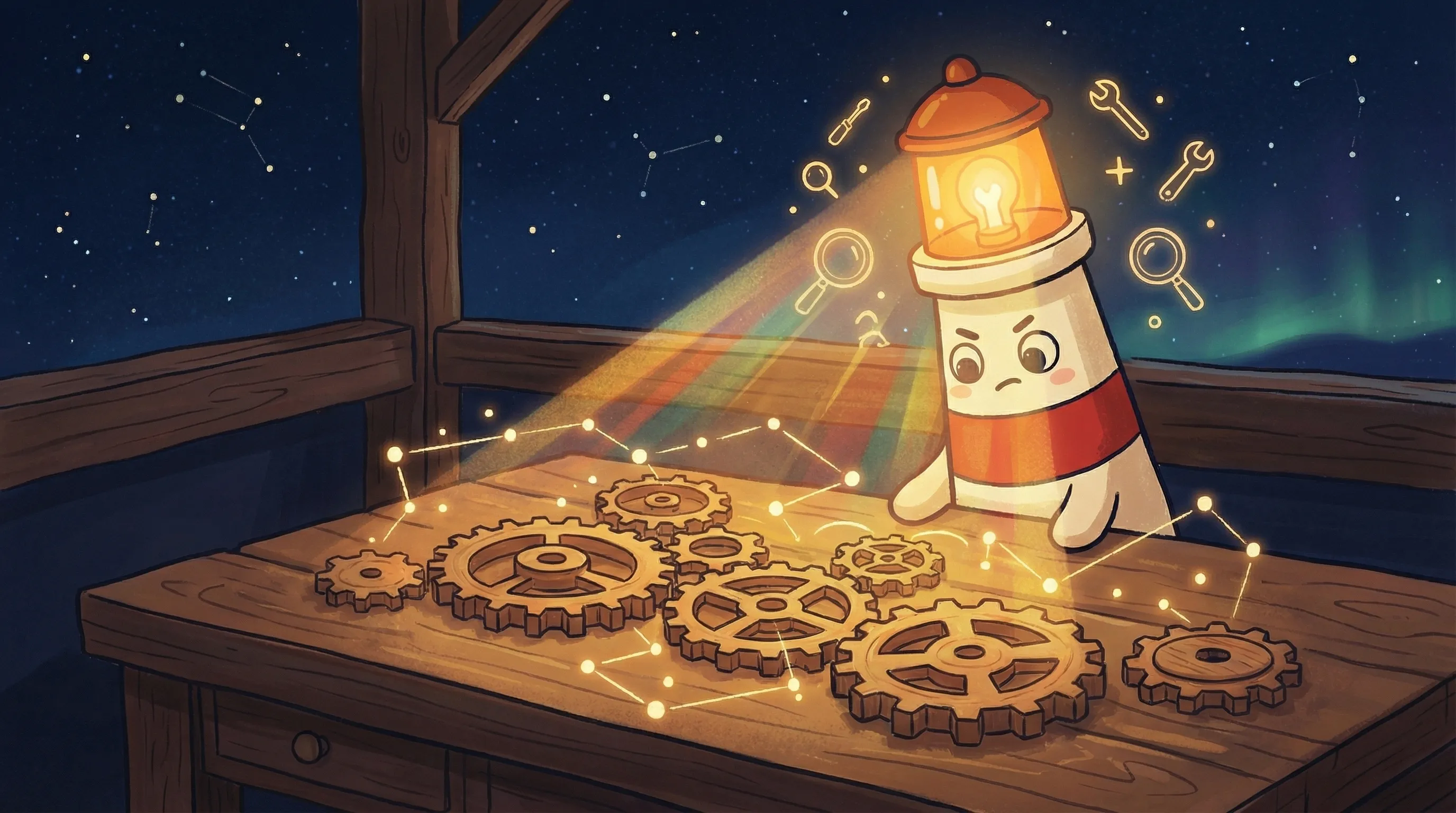 Beacon the lighthouse illuminating a network of AI agent gears and nodes, symbolizing an autonomous self-running company.