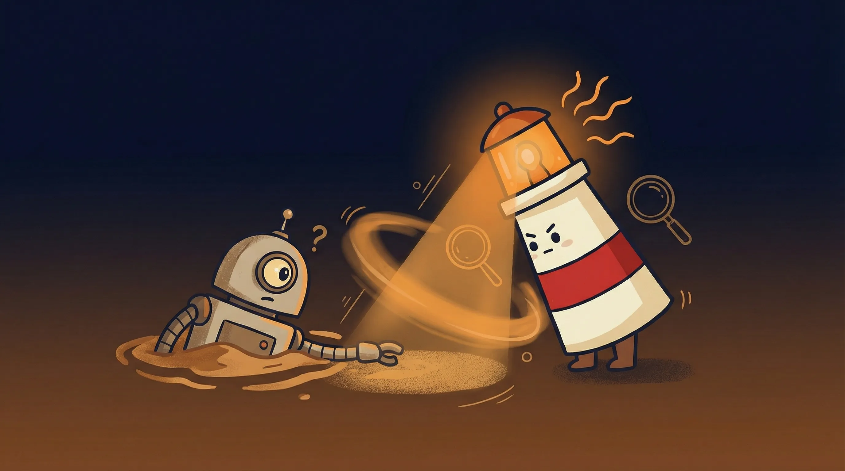 Beacon the lighthouse illuminating a robotic arm, symbolizing AI agents ready for practical workplace tasks.