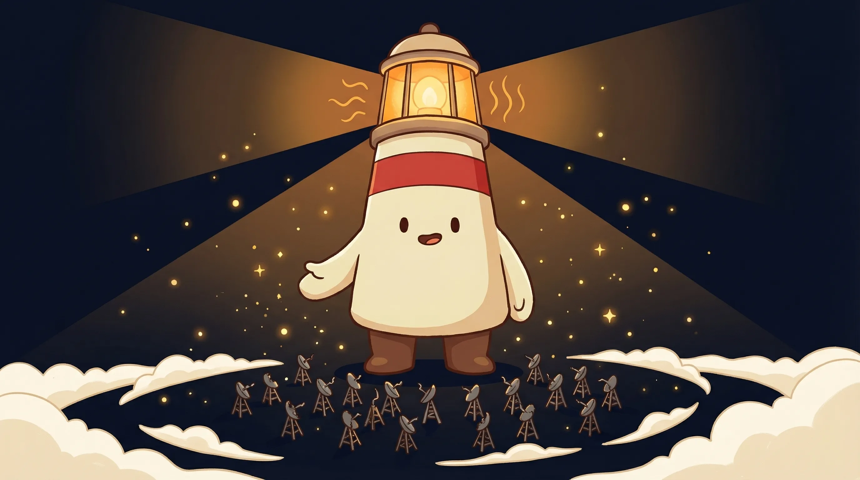 Beacon the lighthouse character shining light on a silent chat bubble, illustrating an agent not responding.