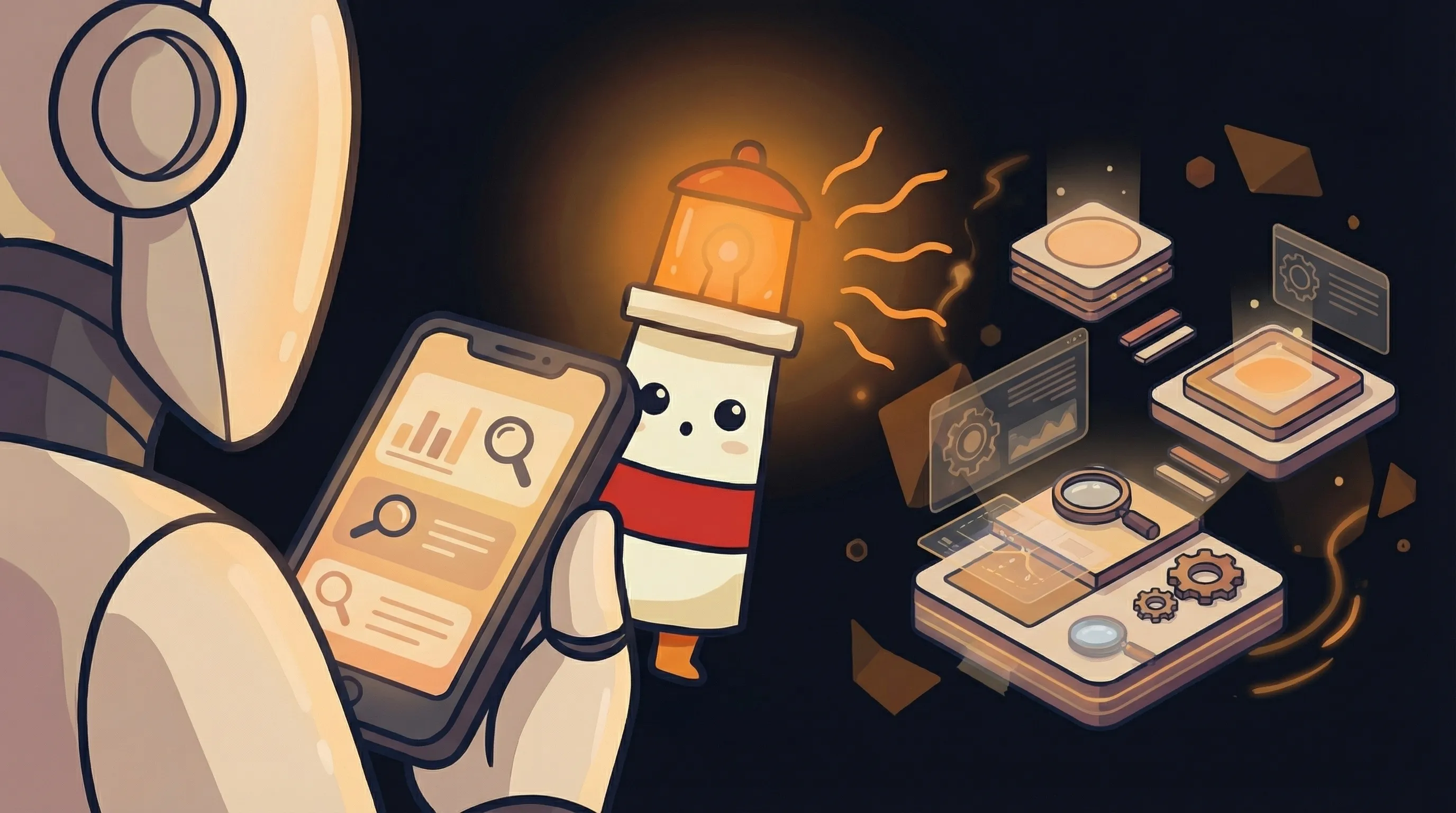 Beacon the lighthouse character shines its amber glow onto a smartphone displaying a unique phone number on a dark navy ba...