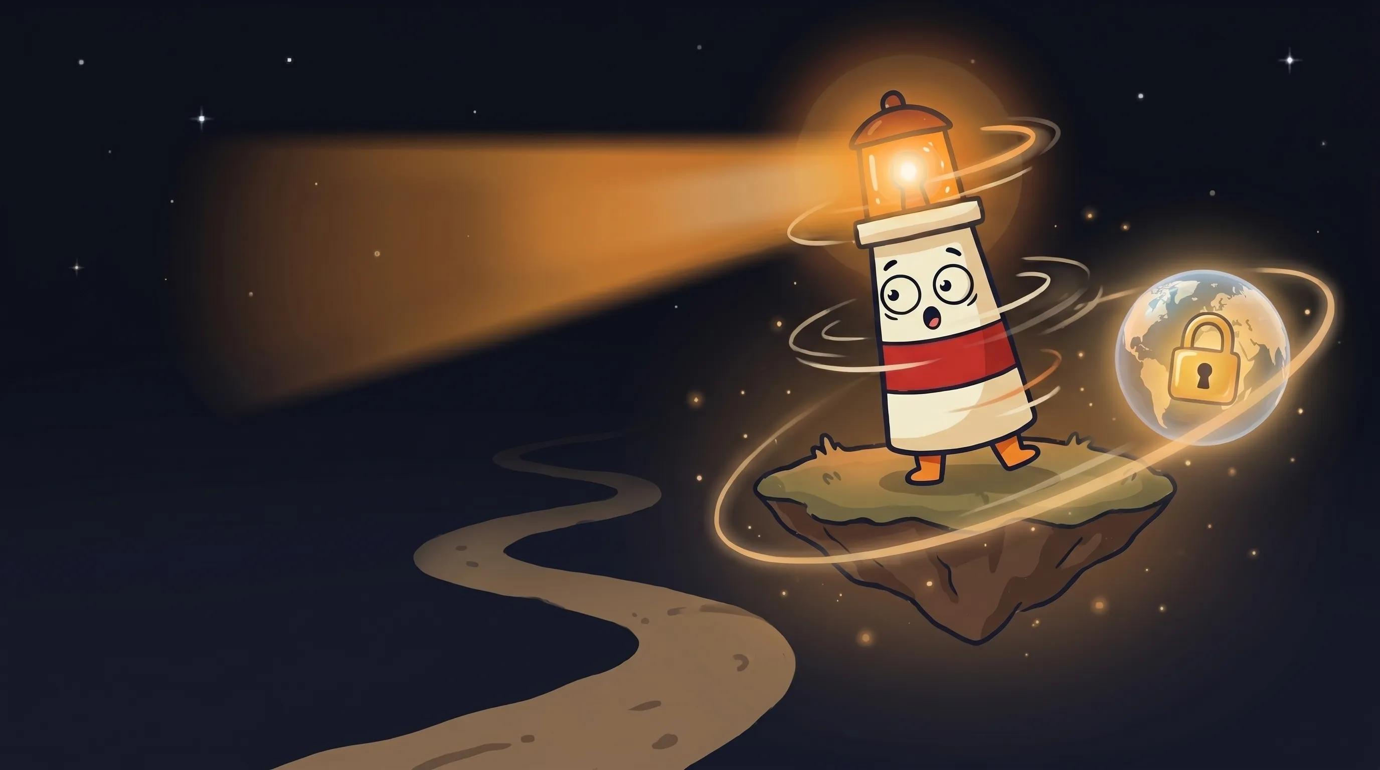 Beacon the lighthouse illuminating a glowing AI chip, cream body with red stripe, amber light beaming on IBM sovereign tec...