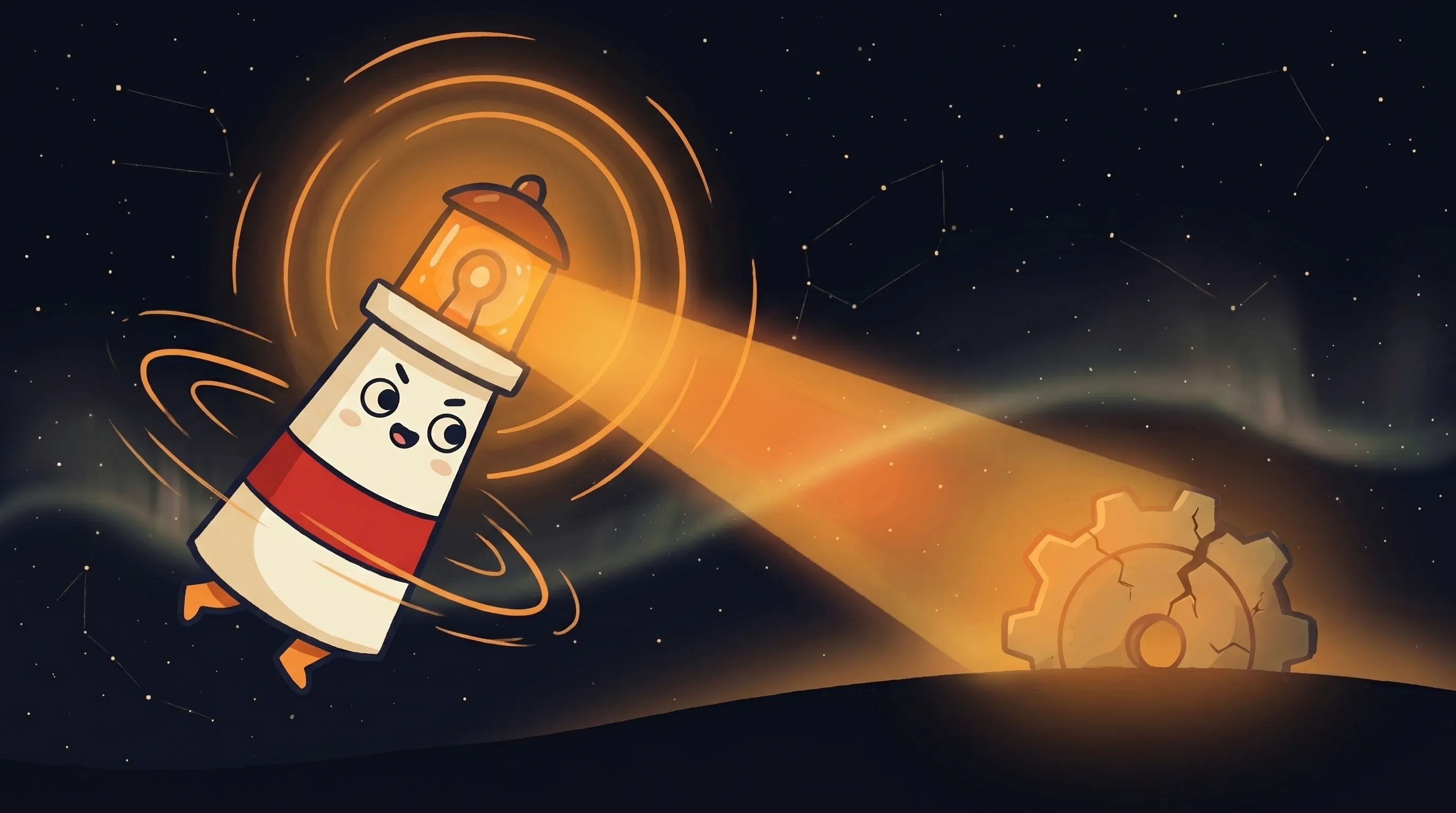 Beacon the lighthouse illuminating a stressed robot at a desk, symbolizing AI replacing workers at Meta.