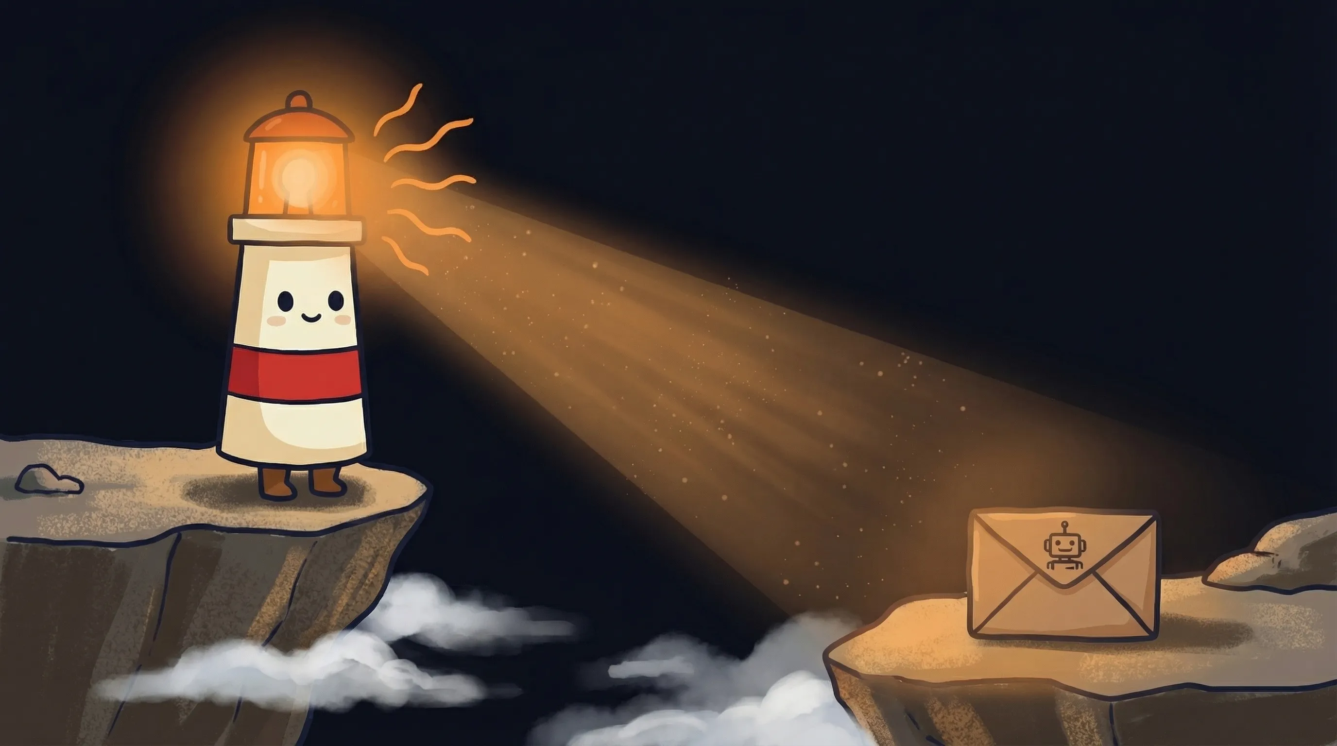 Beacon the lighthouse illuminating a glowing email envelope with warm amber light on a dark navy background.