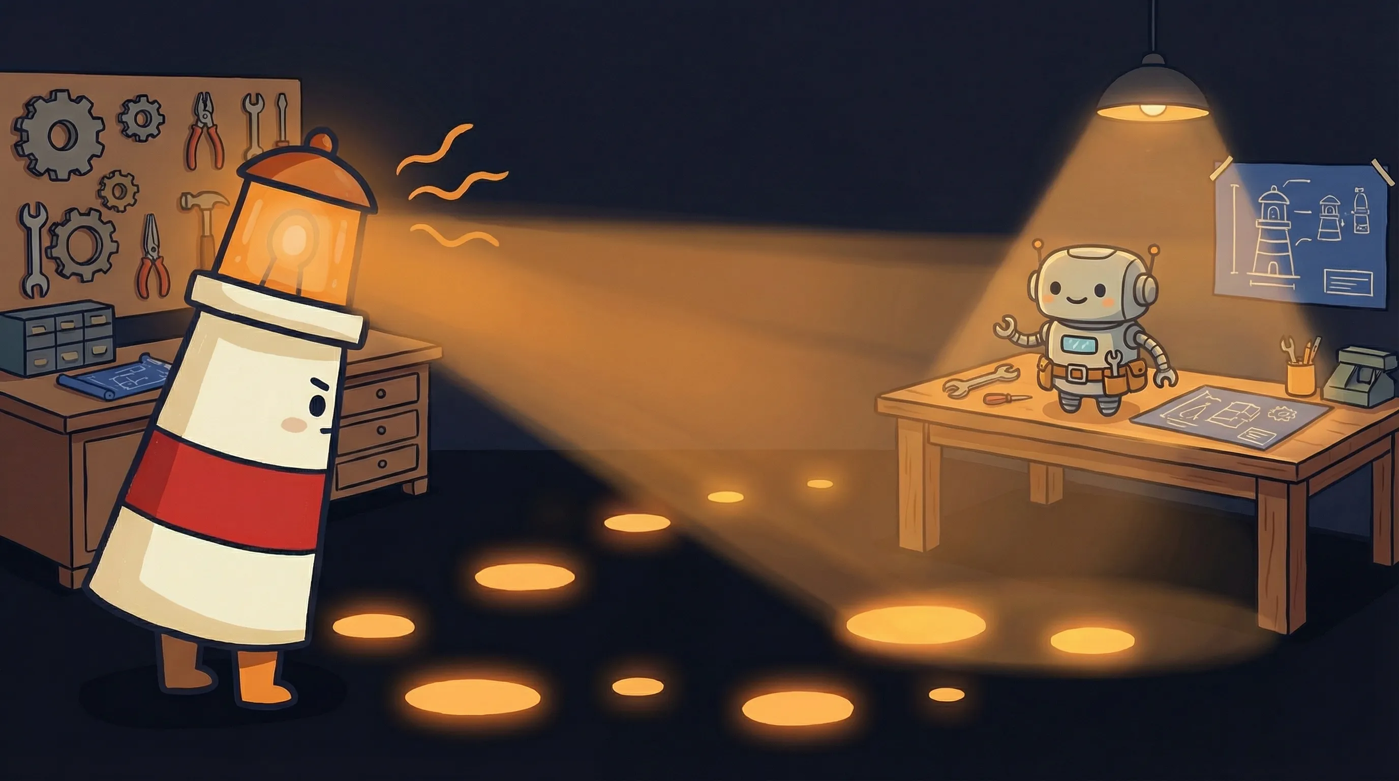Beacon the lighthouse illuminating a glowing brain icon, symbolizing AI amplifying entrepreneurial capability