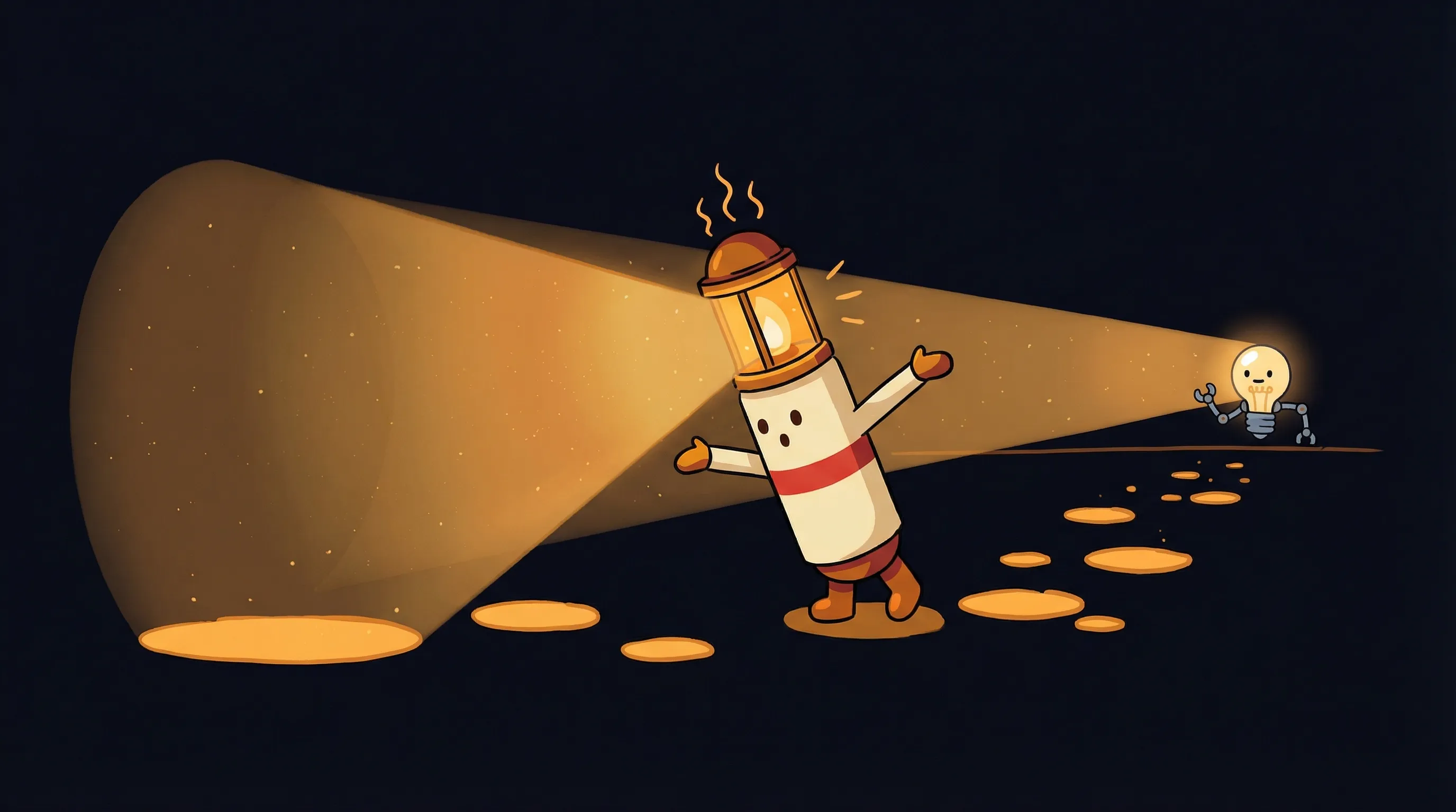Beacon the lighthouse illuminating a tiny storefront with warm amber light, symbolizing AI guidance for small businesses.