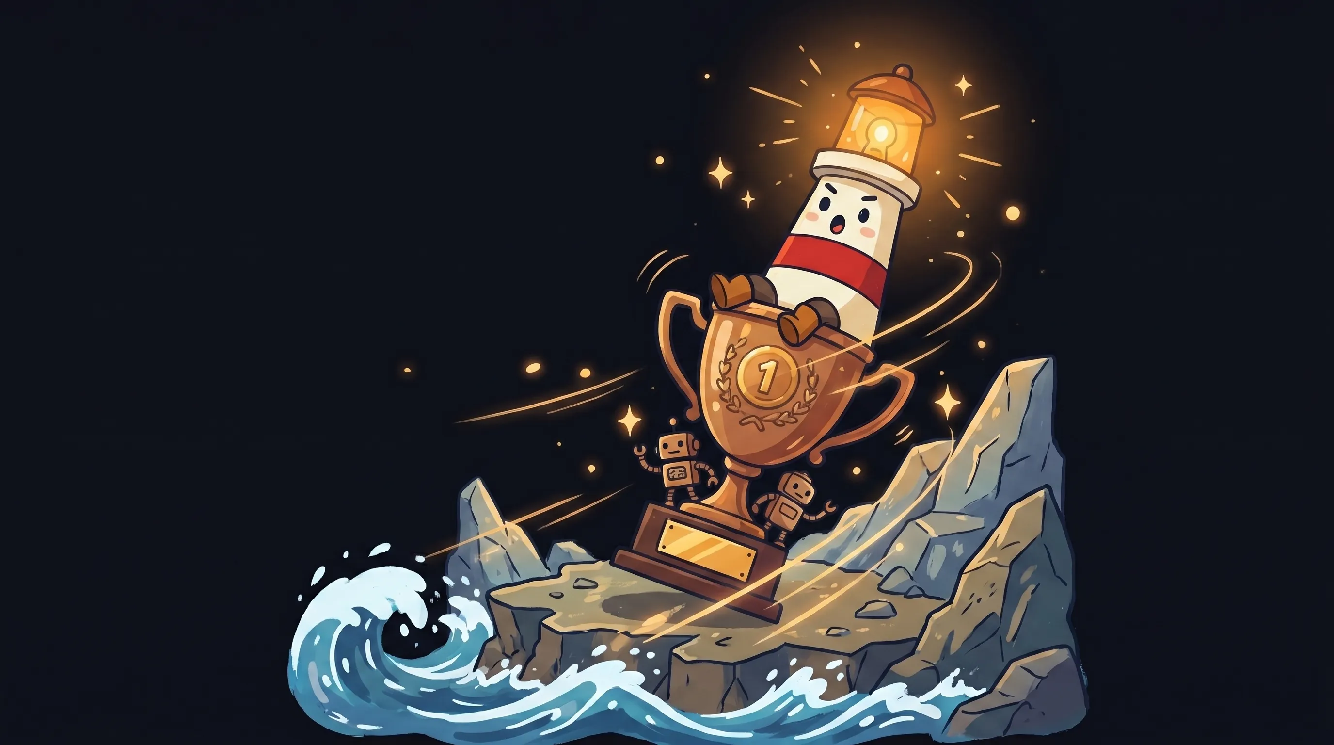 Beacon the lighthouse illuminating a glowing AI agent robot, cream body with red stripe, amber lantern on dark navy backgr...