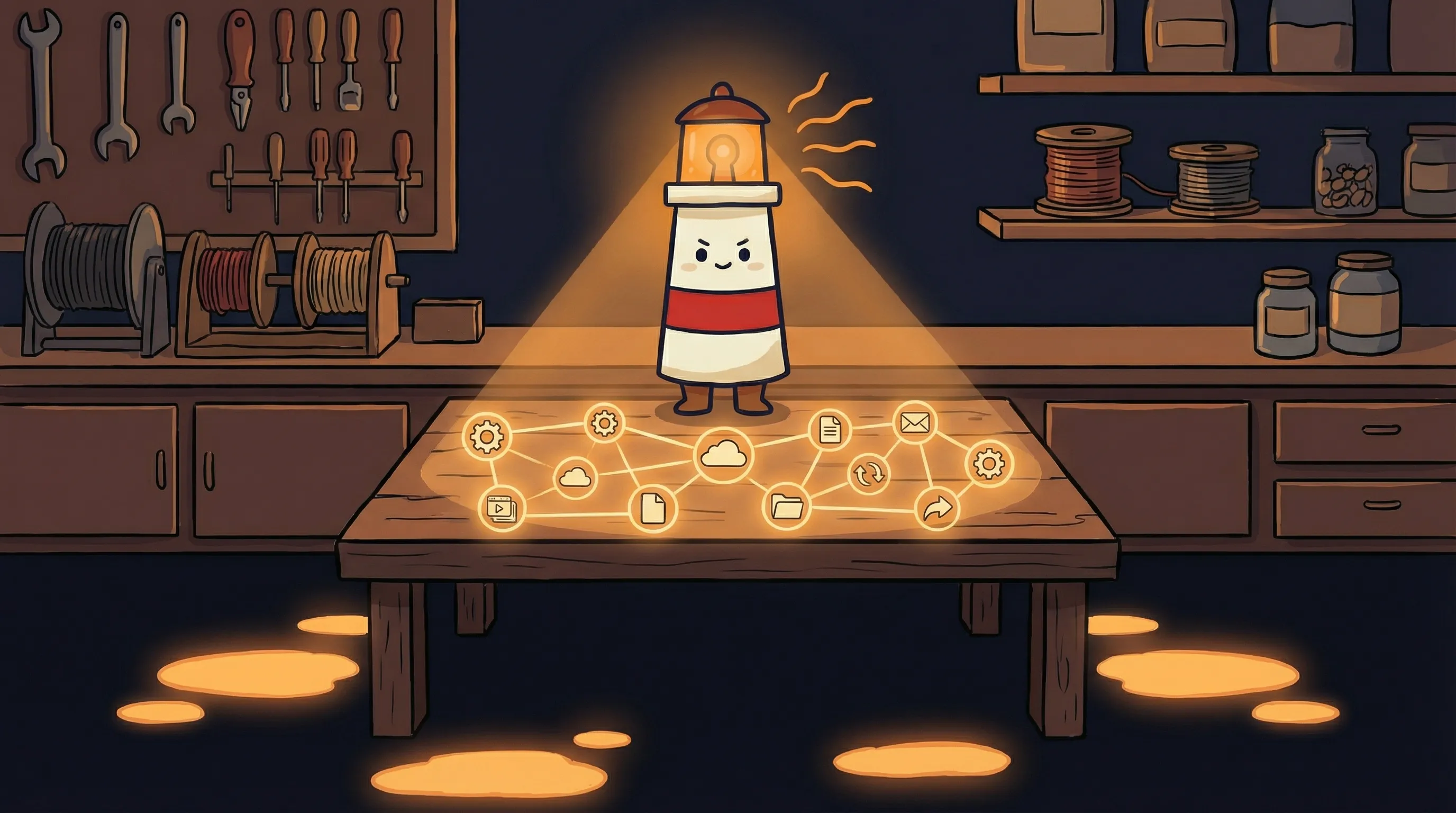 Beacon the lighthouse illuminating a phone, email, calendar, and app icons with warm amber light on a dark navy background.