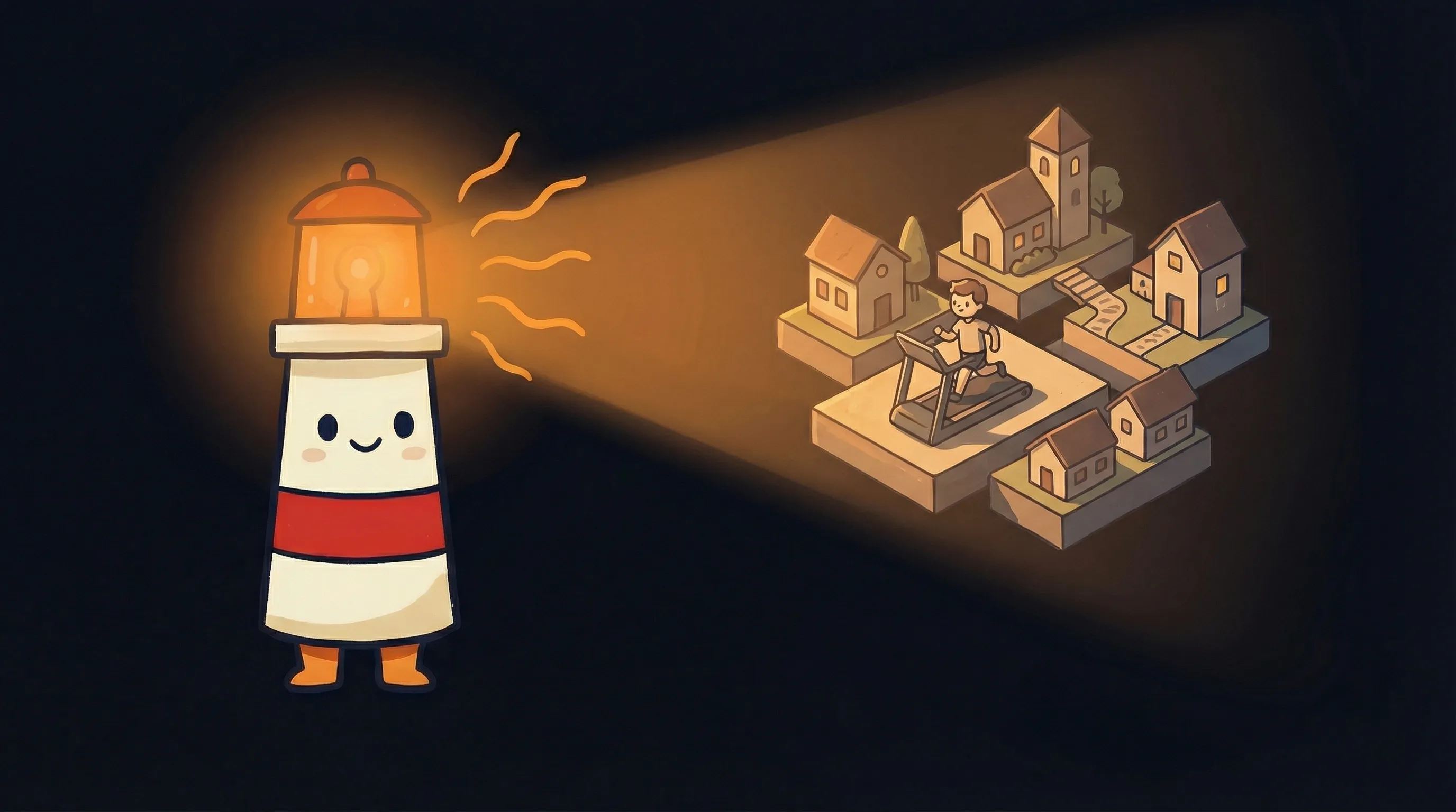 Personal AI assistant concept — Beacon the lighthouse illuminating a dark workspace with AI and jobs headlines.
