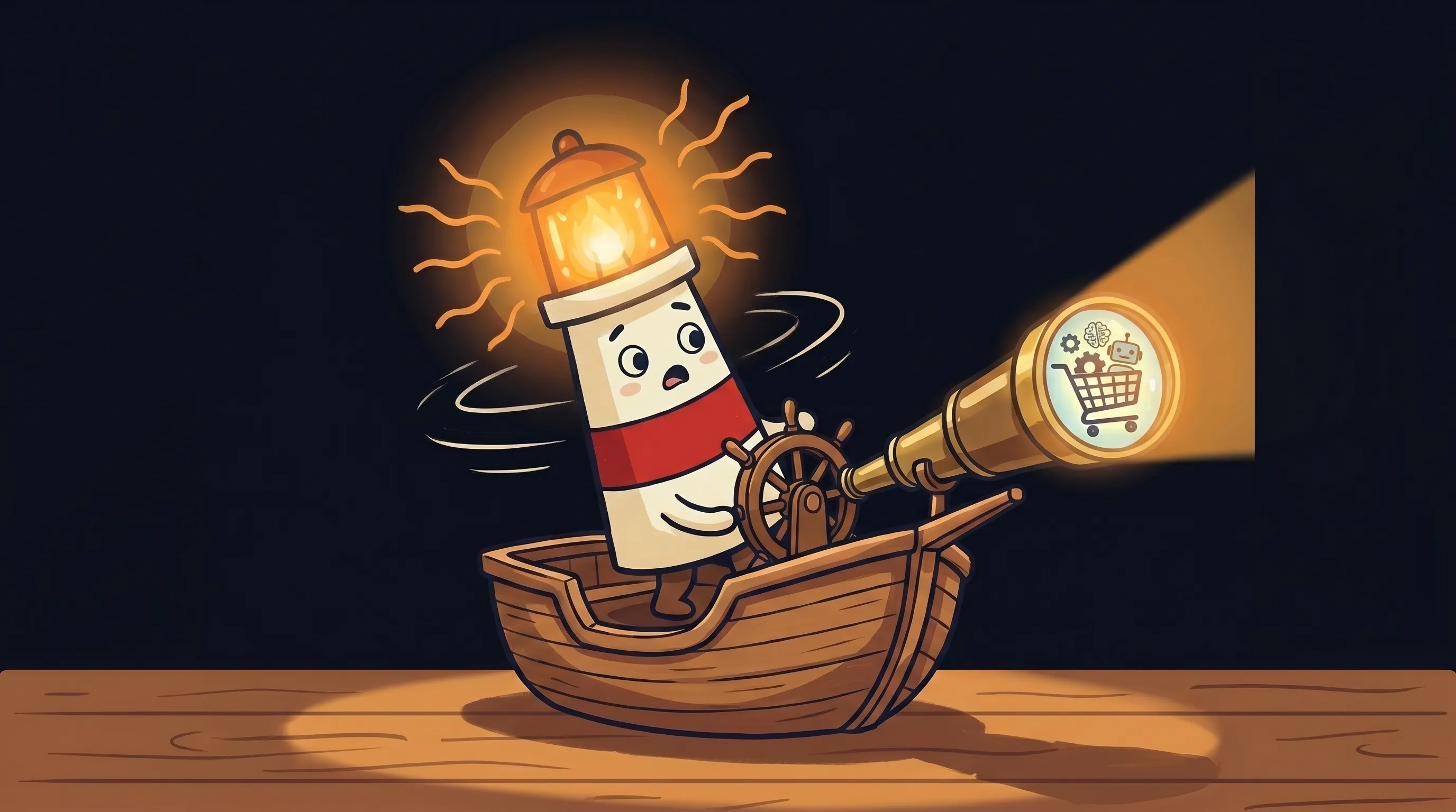 Beacon the lighthouse illuminating a shopping cart, glowing amber light highlighting retail items on a dark navy background.