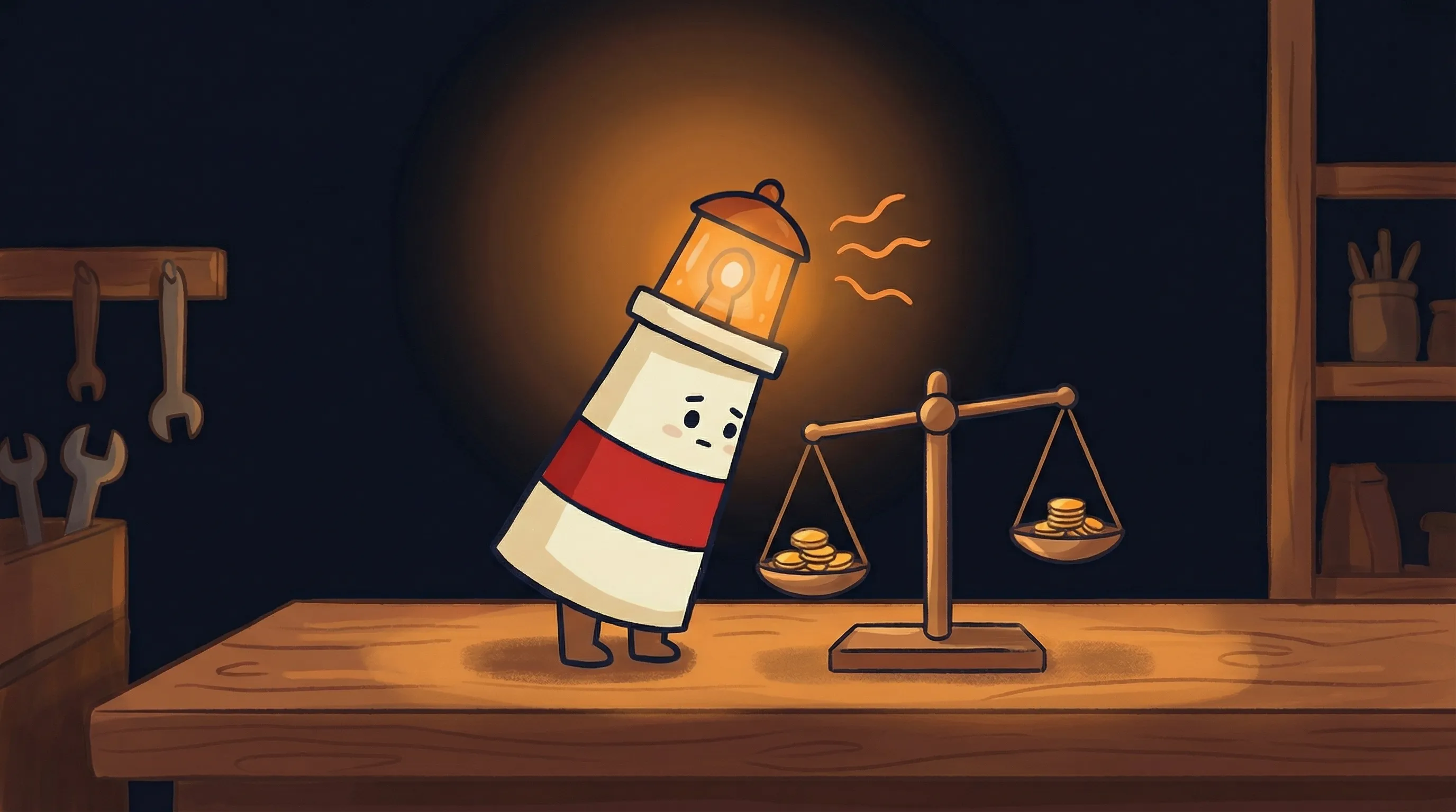 Beacon the lighthouse illuminating a server rack and cloud icon, representing self-hosted vs managed AI hosting options.