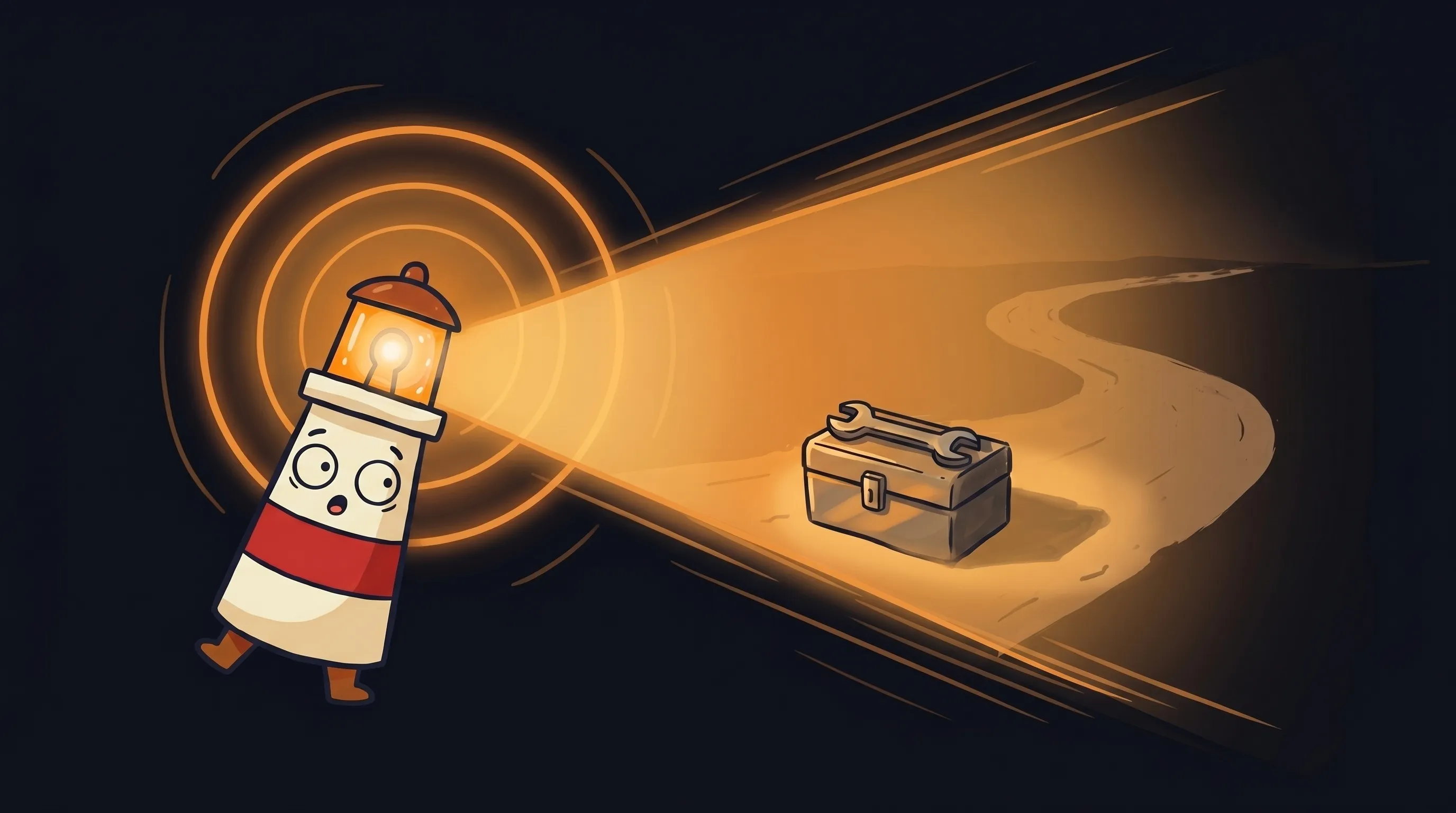 Beacon the lighthouse illuminating a glowing AI circuit brain, cream body with red stripe, amber light beaming down on dar...