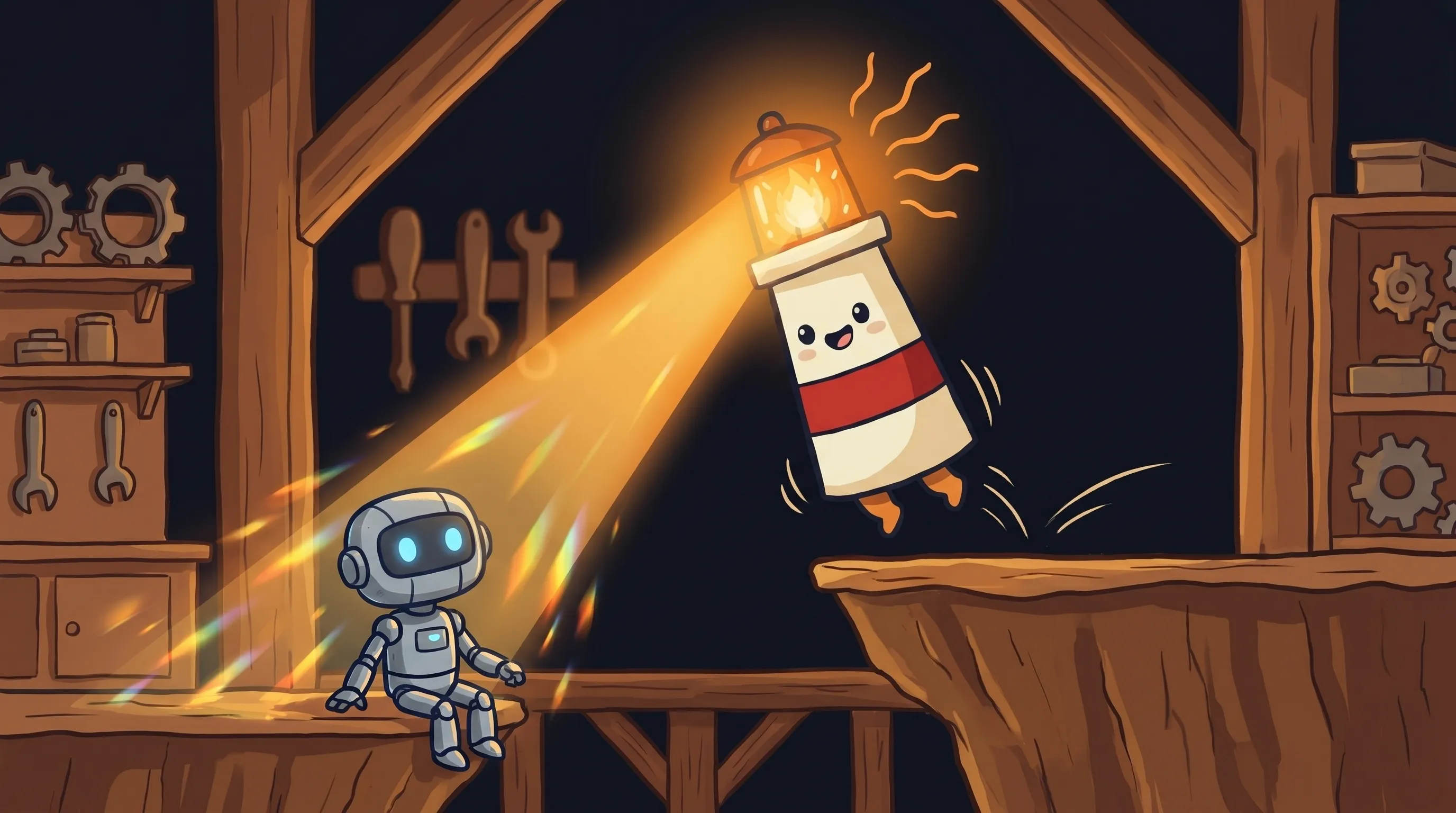 Beacon the lighthouse illuminating a glowing AI brain circuit, cream body with red stripe, amber light beaming on dark nav...